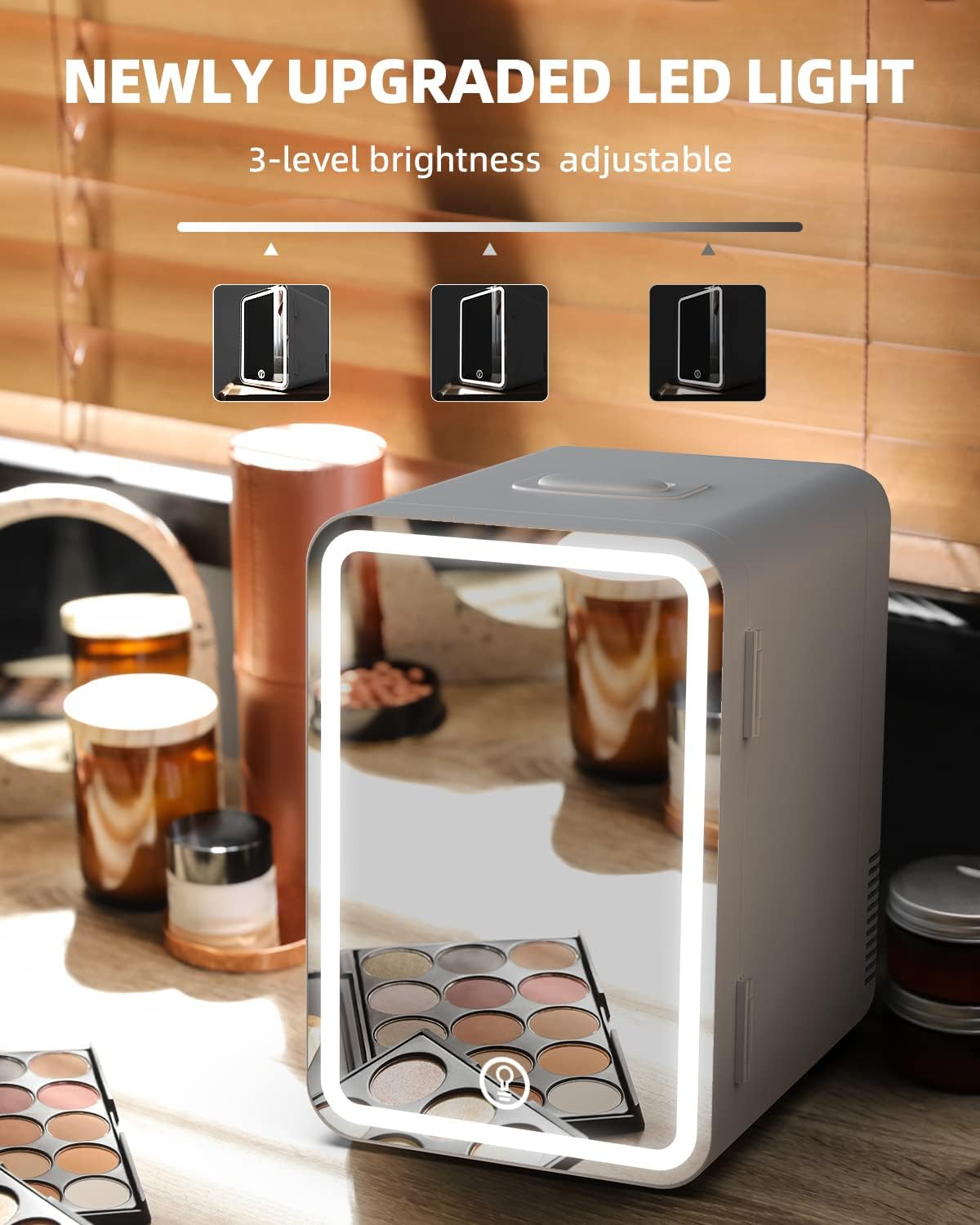 YOPOWER Mini Skincare Fridge with Dimmable LED Light Mirror, 8L Portable Makeup Fridge Cooler and Warmer for Bedroom, Car, Office, Small Refrigerator AC/DC Powered for Cosmetics and Food, White image number 1