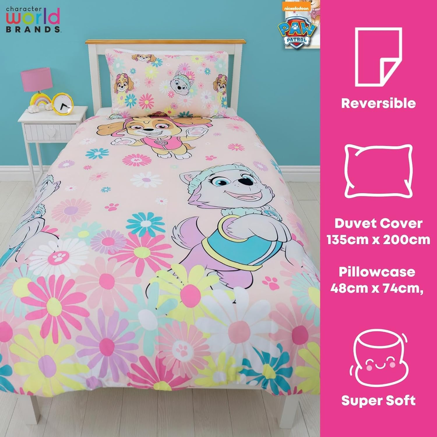 Character World Paw Patrol Official Single Childs Duvet Cover Set | Flowers Design Reversible 2 Sided Bedding Including Matching Pillow Case | Single Bed Set image number 4