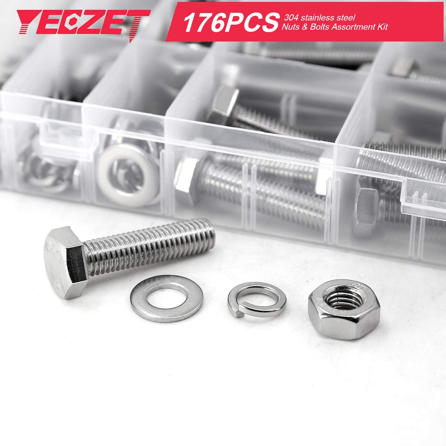 YEEZET 176PCS M6 M8 M10 Heavy Duty Bolts and Nuts Assortment Kit, 304 Stainless Steel, Includes 8 Most Common Sizes image number 5