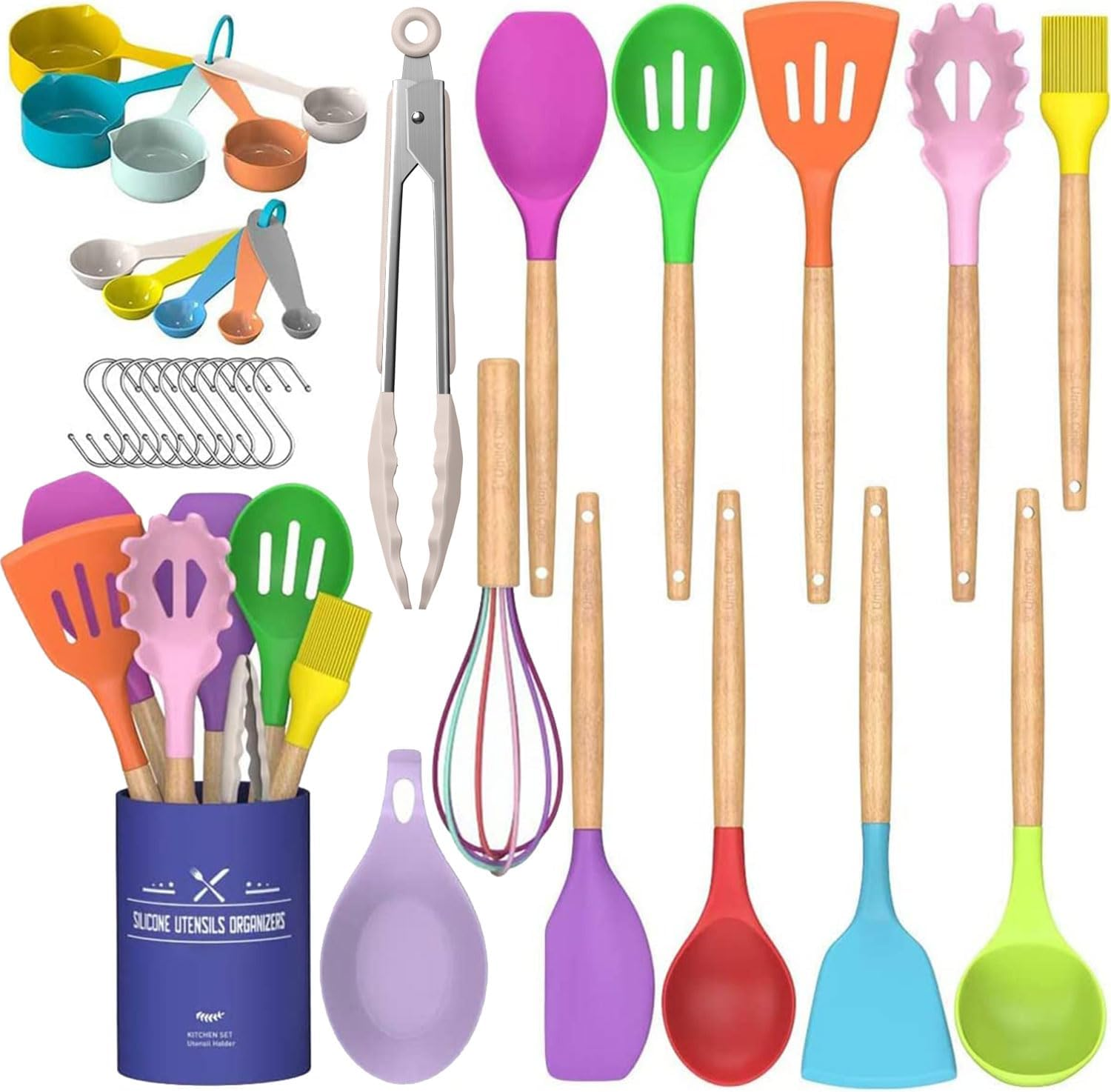 Kitchen Utensil Set Silicone Cooking Utensils Umite Chef 24 Pcs Kitchen Utensils Tools Wooden Handle Spoons Silicone Utensil Set Spatulas Set Cookware Turner Tongs Whisk Kitchen Gadgets with Holder