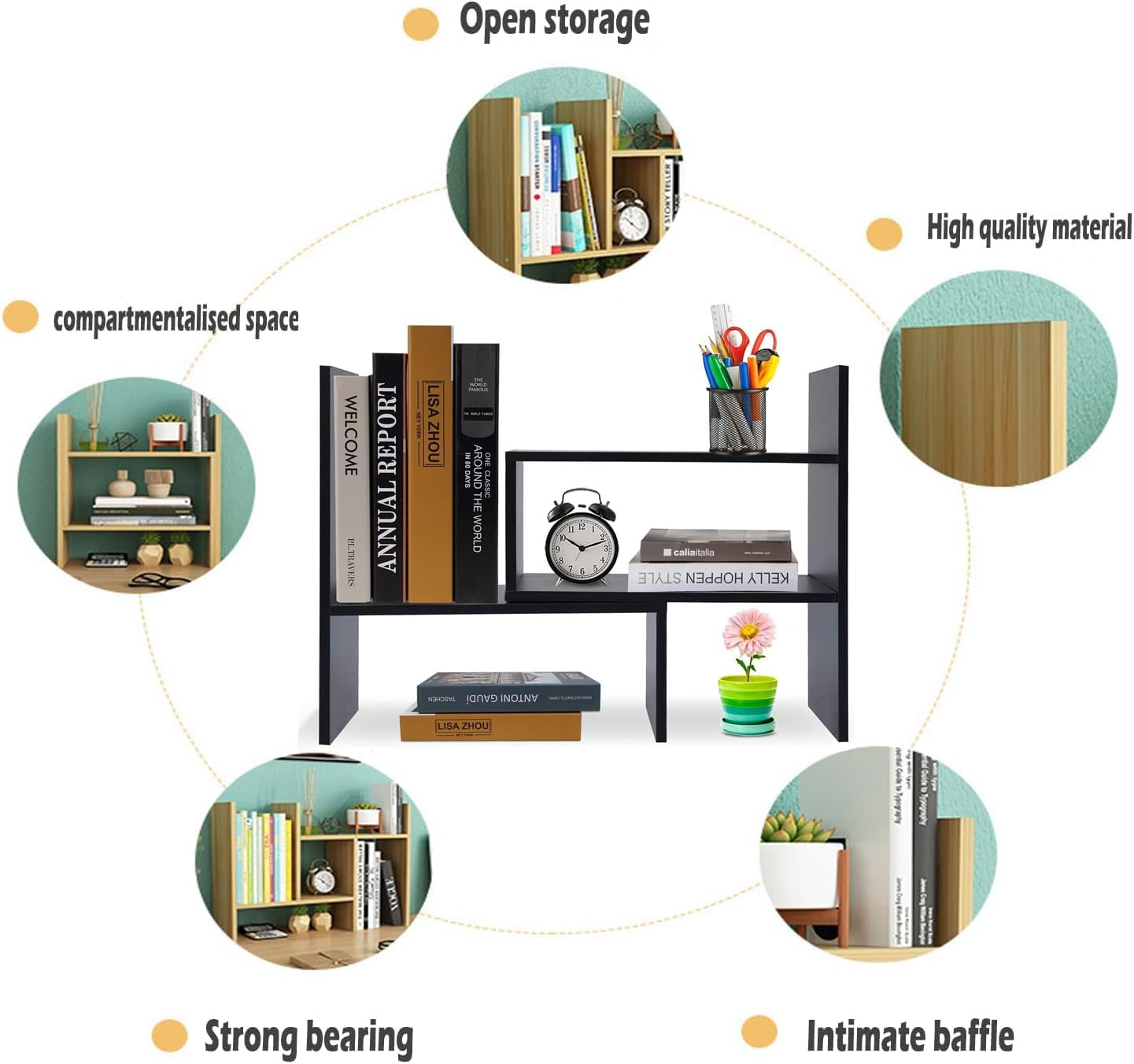 Desktop Bookshelf Organizer, Adjustable Wood Desktop Display Shelf Rack, Countertop Office Storage Rack Tabletop Bookshelf, Free Style Display Top Bookcase (Black Walnut) image number 3
