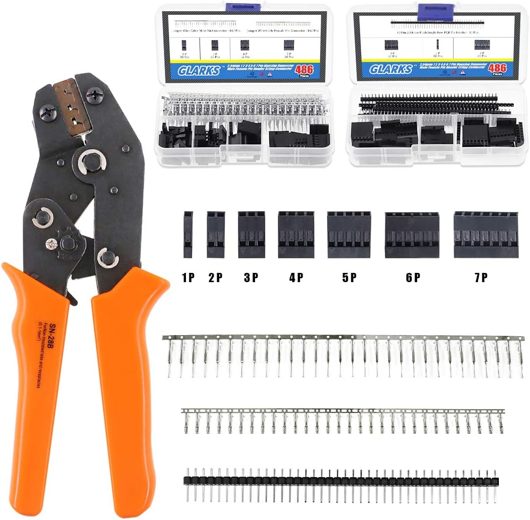 Glarks 486Pcs Wire Crimper Plier with Connector Set, SN-28B Ratchet Crimping Tool with 485Pcs 2.54Mm 1 2 3 4 5 6 7 Pin Housing Connector Male Female Pin Header Crimp Connector for AWG28-18 Dupont Pins image number 4