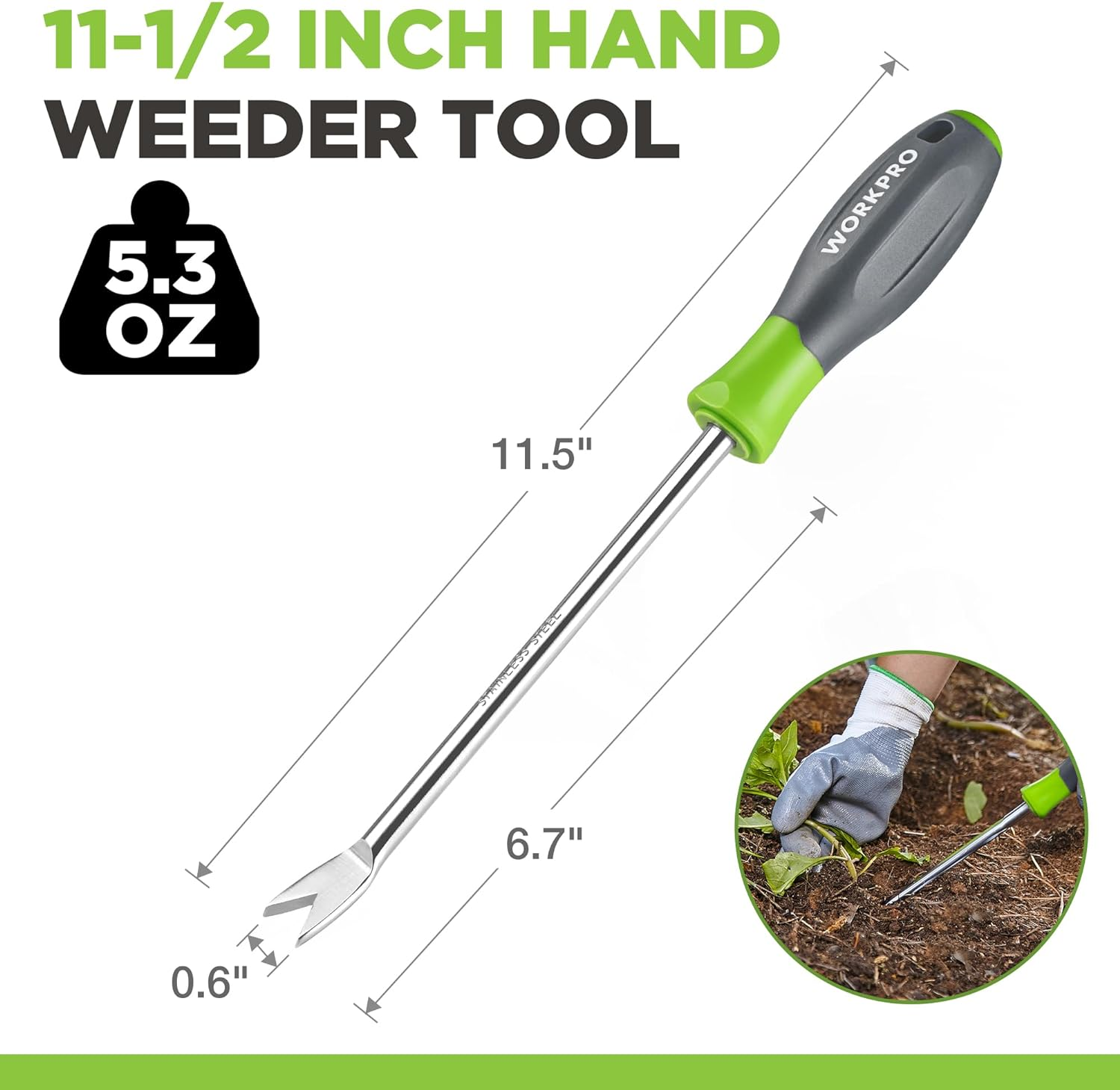 WORKPRO 11.5" Dandelion Weeder Puller Tool with Soft Handle, Polished Stainless Steel Garden Weed Remover Tool, Two-Pronged Fork Weeder Tool for Lawn Farmland Transplant Gardening Plant Tool image number 5