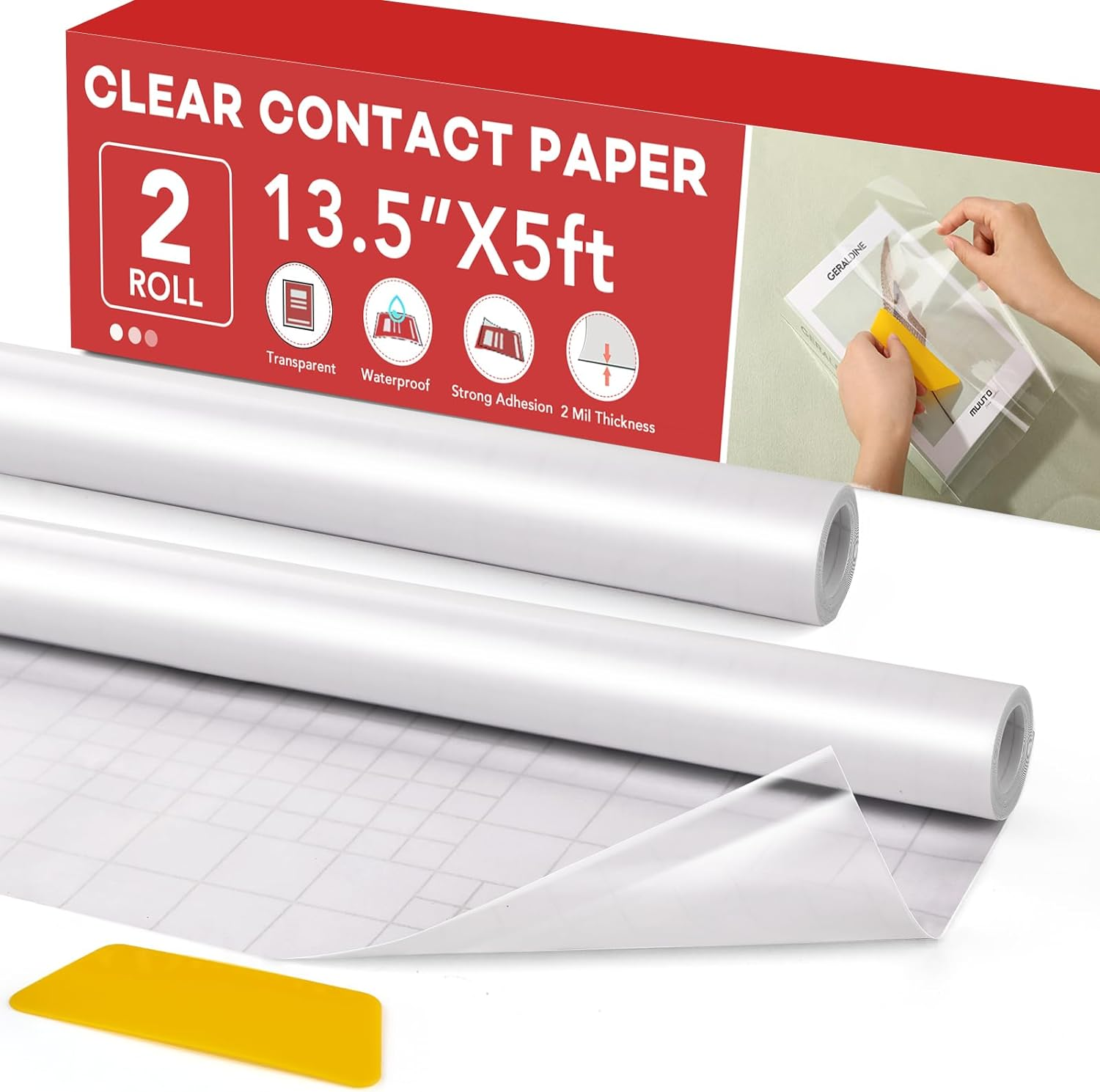 2 Rolls Clear Contact Paper, Plastic Book Covers 13.5 in X 5 Ft, Contact Paper Peel and Stick, Clear Self Adhesive Protective Liner Papers Protector for Crafts Paperback Textbook Hard Covers Documents image number 4