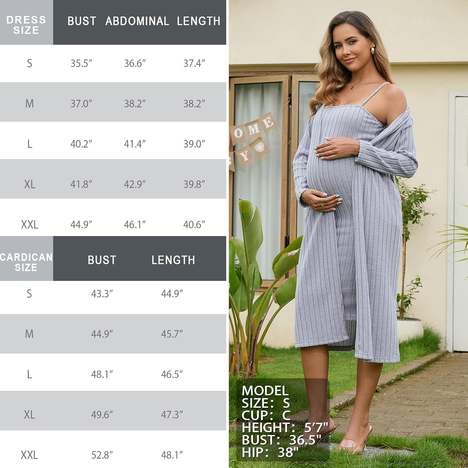 DEBELLY Maternity 2 Piece Set Knee Length Bodycon Dress with Transparent Straps Long Sleeve Cardigan for Baby Shower Winter image number 2