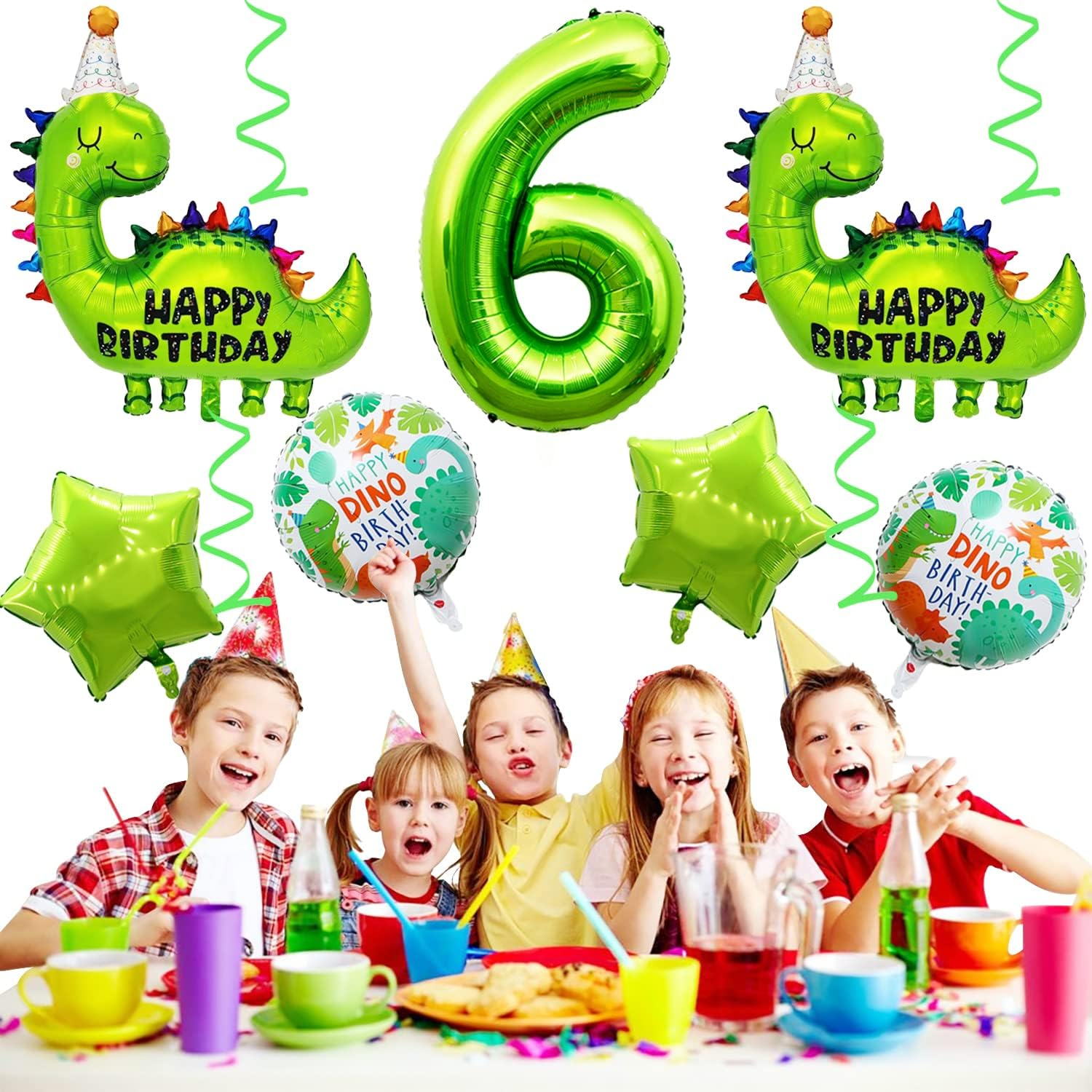 6Th Dinosaur Birthday Balloons Big Cute Dinosaur Aluminum Foil Balloon Number 6 Mylar Balloon for Dino Themed Party Boys Girls Birthday Decor - Green - 3 image number 6