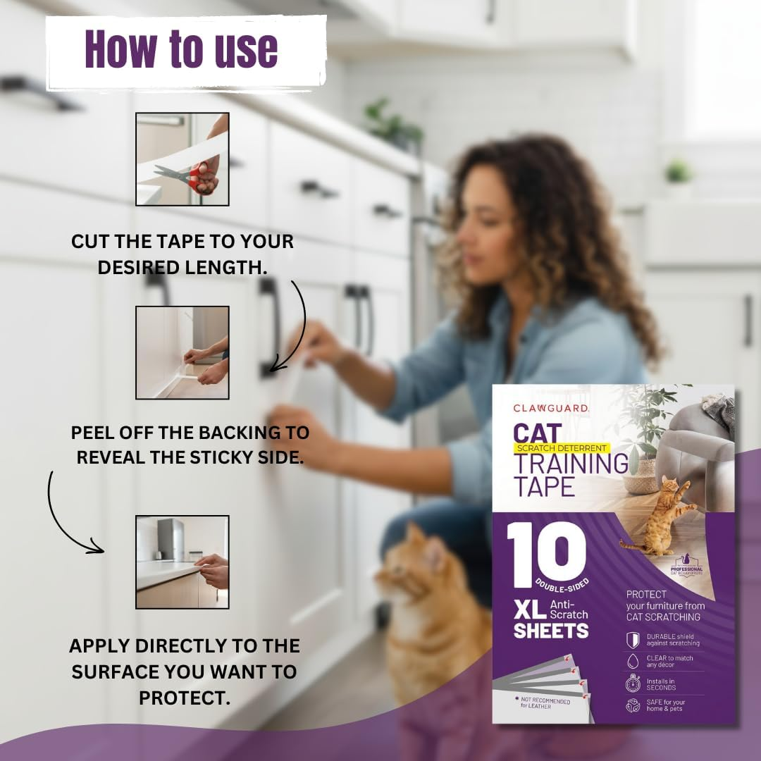 CLAWGUARD Cat Training Tape 10 XL Sheets - Deters Cats from Scratching - Stop Clawing Furniture and Surfaces - anti Scratch Shields for Cats - Cat Scratch Protectors for Sofa, Screen, Doors, Drapes image number 5