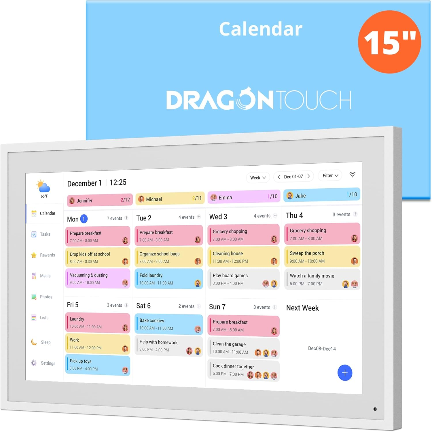 Dragon Touch 15.6" Digital Calendar Chore Chart &ndash; 1080P Full HD Interactive Touchscreen, 2026 Smart Family Planner, Hearth Display Digital Calendar Wall & Desk Mountable for Seamless Scheduling with AU Adapter image number 6