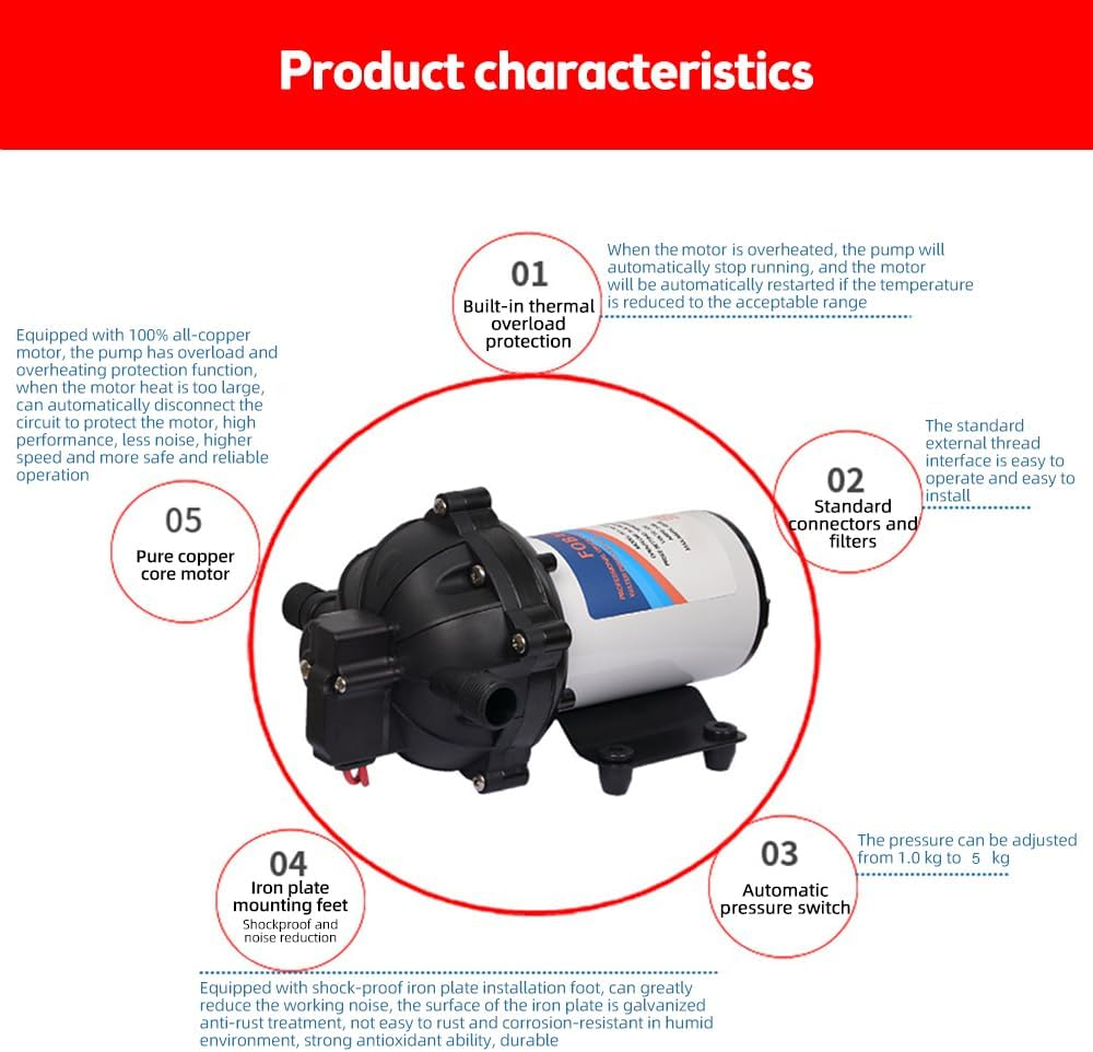 12V Water Pressure Diaphragm Pump 5-Chamber Self-Priming Pump 5.5GPM Water Transfer Pump 70PSI with Water Strainer Hose Fittings for Kitchen Bathroom RV Caravan Yacht Agriculture Garden Hose 12V image number 1