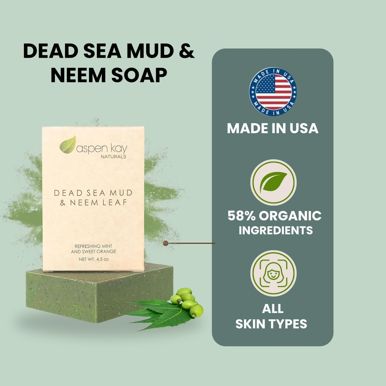 Aspen Kay Naturals Dead Sea Mud and Neem Soap - Made with Natural and Organic Ingredients - Shea Butter, Olive Oil 4.5 Oz Bar image number 2