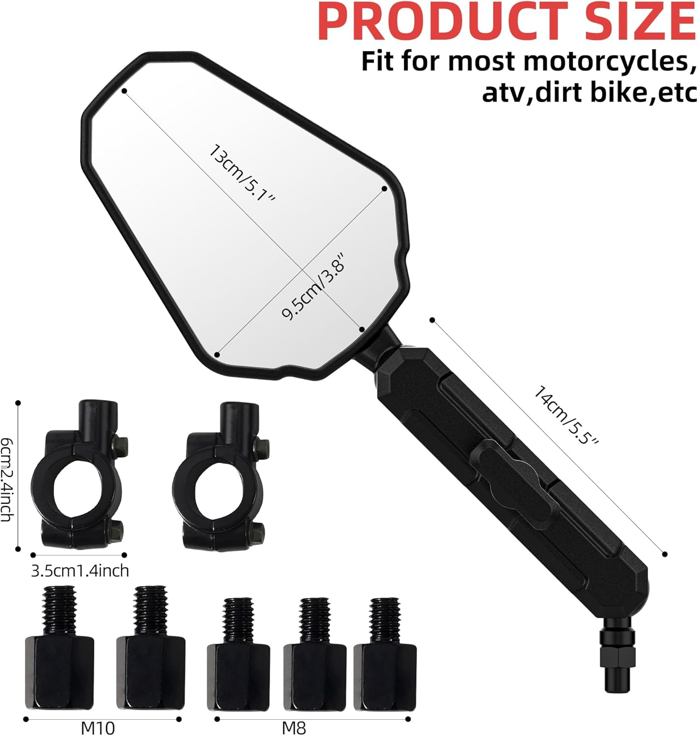 Upgraded Universal Motorcycle Mirror,Adventure Ball-Head ATV Rear View Mirror No Vibration & Wobble with 8/10MM Screw and 7/8" Handlebar Aluminum Mount Compatible with ATV Dirt Bike and More