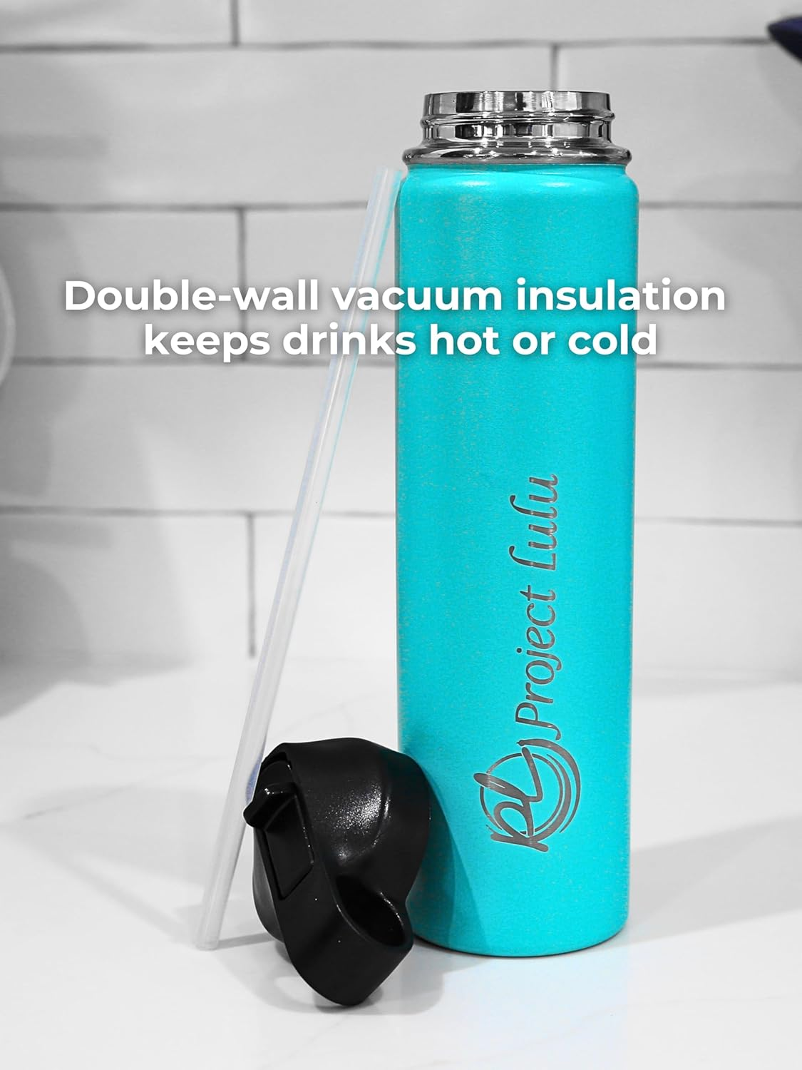 Project Lulu Insulated Stainless Steel Water Bottle Handle Flip Top with Straw 24Oz (Marshmallow White, 24Oz) - Aquamarine Dream image number 6