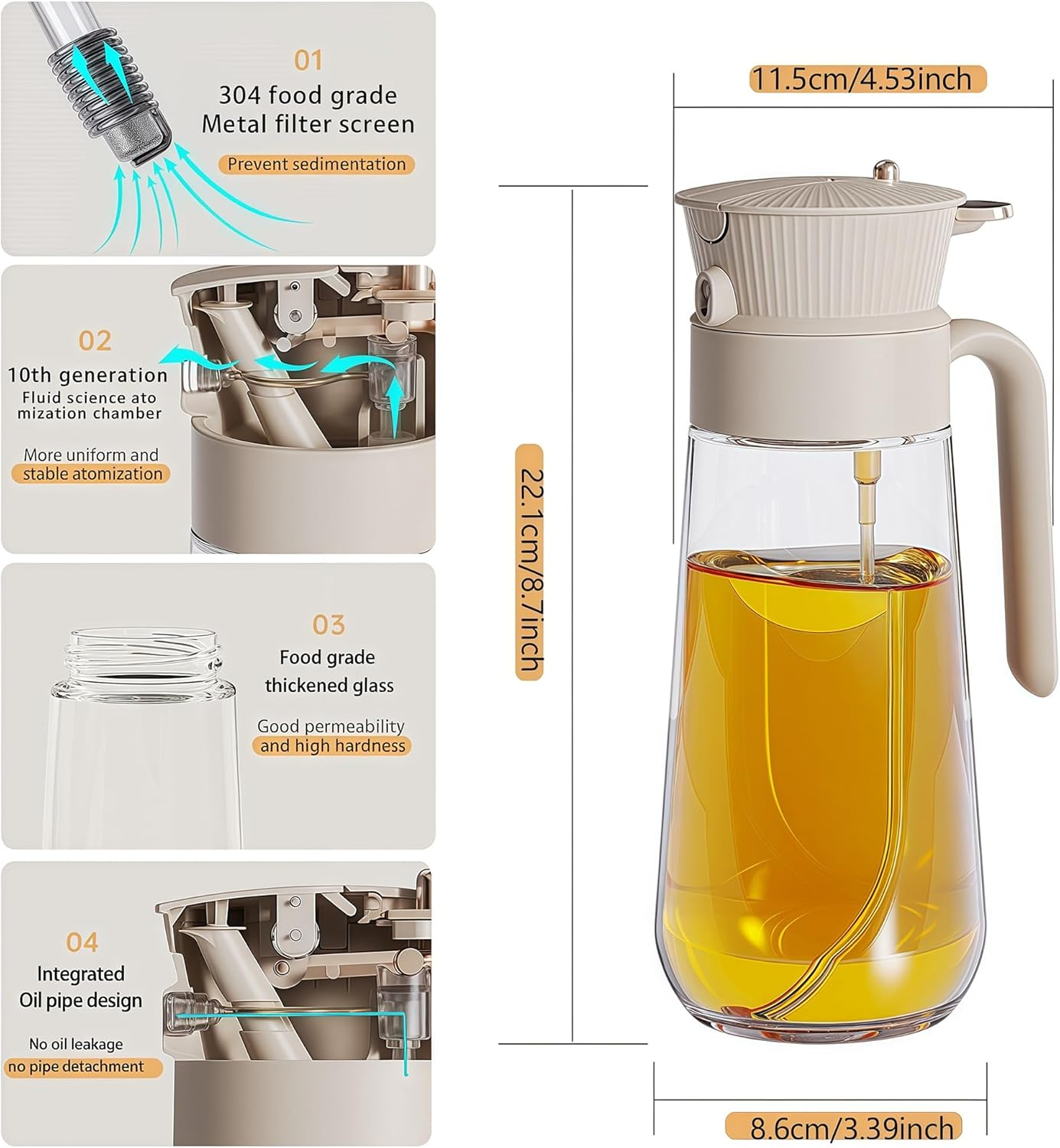 Olive Oil Spray Bottle Dispenser，2-In-1 Glass Material Kitchen Cooking Oil Sprayer，18.6 Oz/550 Ml Cooking Spray, Glass Spray Bottle with Tipper, Food Grade Spray for Kitchen, Salad, Frying, Barbecue image number 6