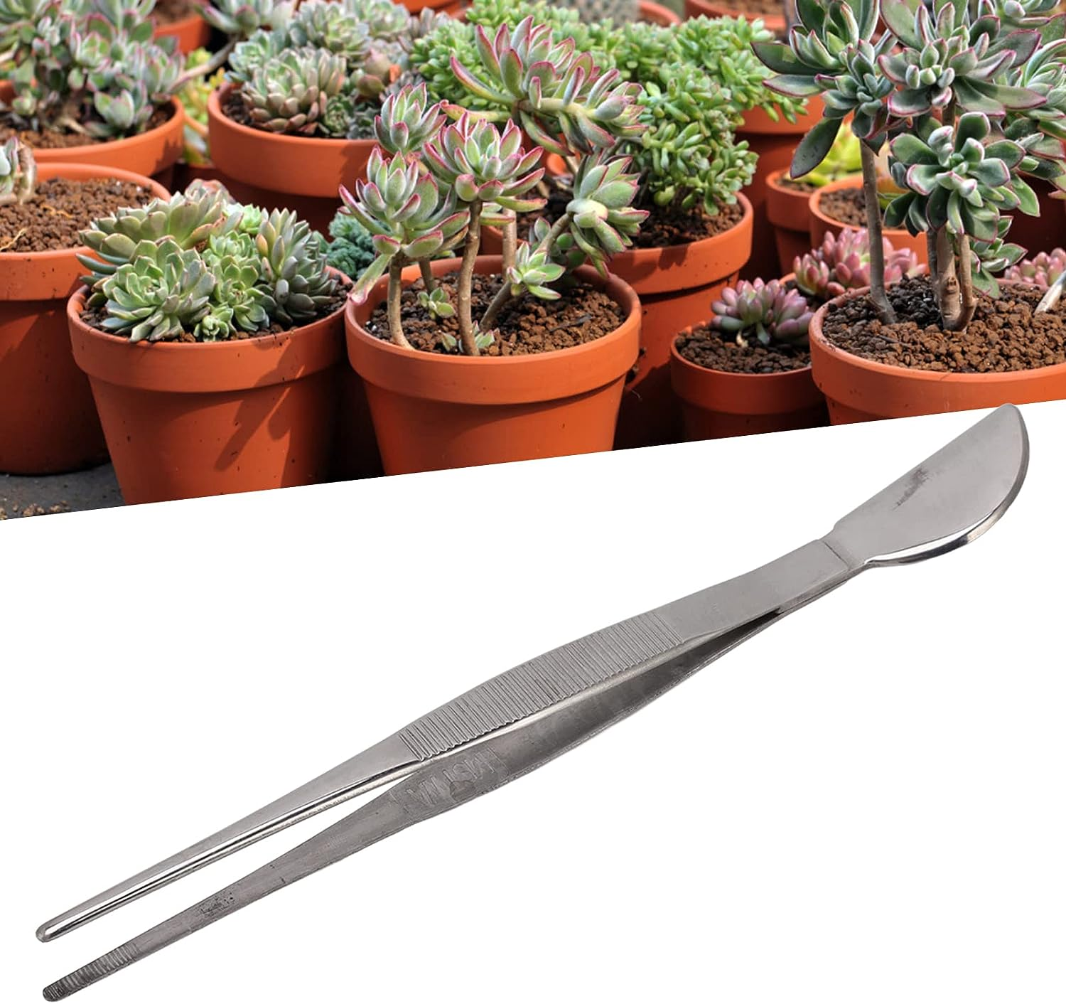 Bonsai Tweezers, Stainless Steel Long Tweezers with Crescent Moon Spatula Head for Potted Loosening Soil Planing Grass and Removing Dead Leaves Weeds image number 1