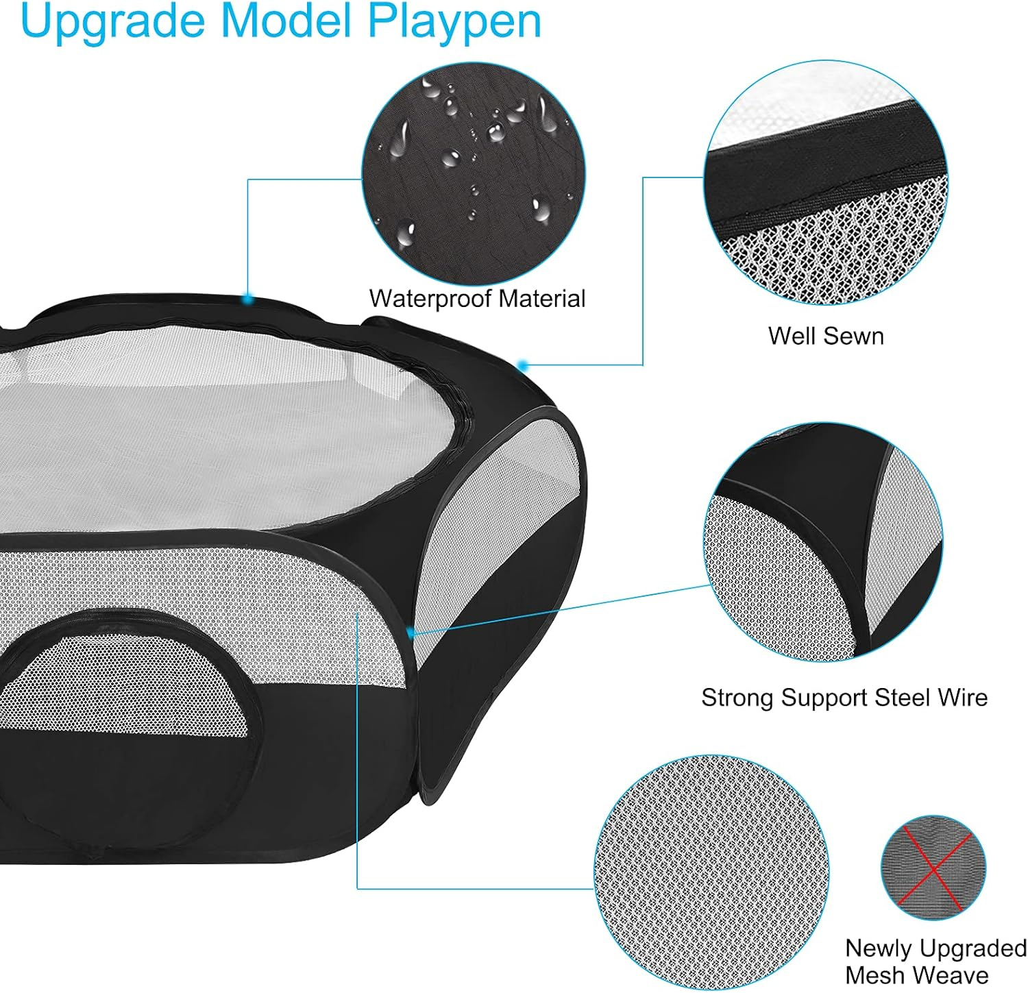 Kelivi Small Animal Playpen, Portable Guinea Pig Playpen Pet Playpen Kitten Playpen with Double Zippered Cover Indoor Outdoor for Bunny, Rabbit, Hamster Connect Tunnel (Black)