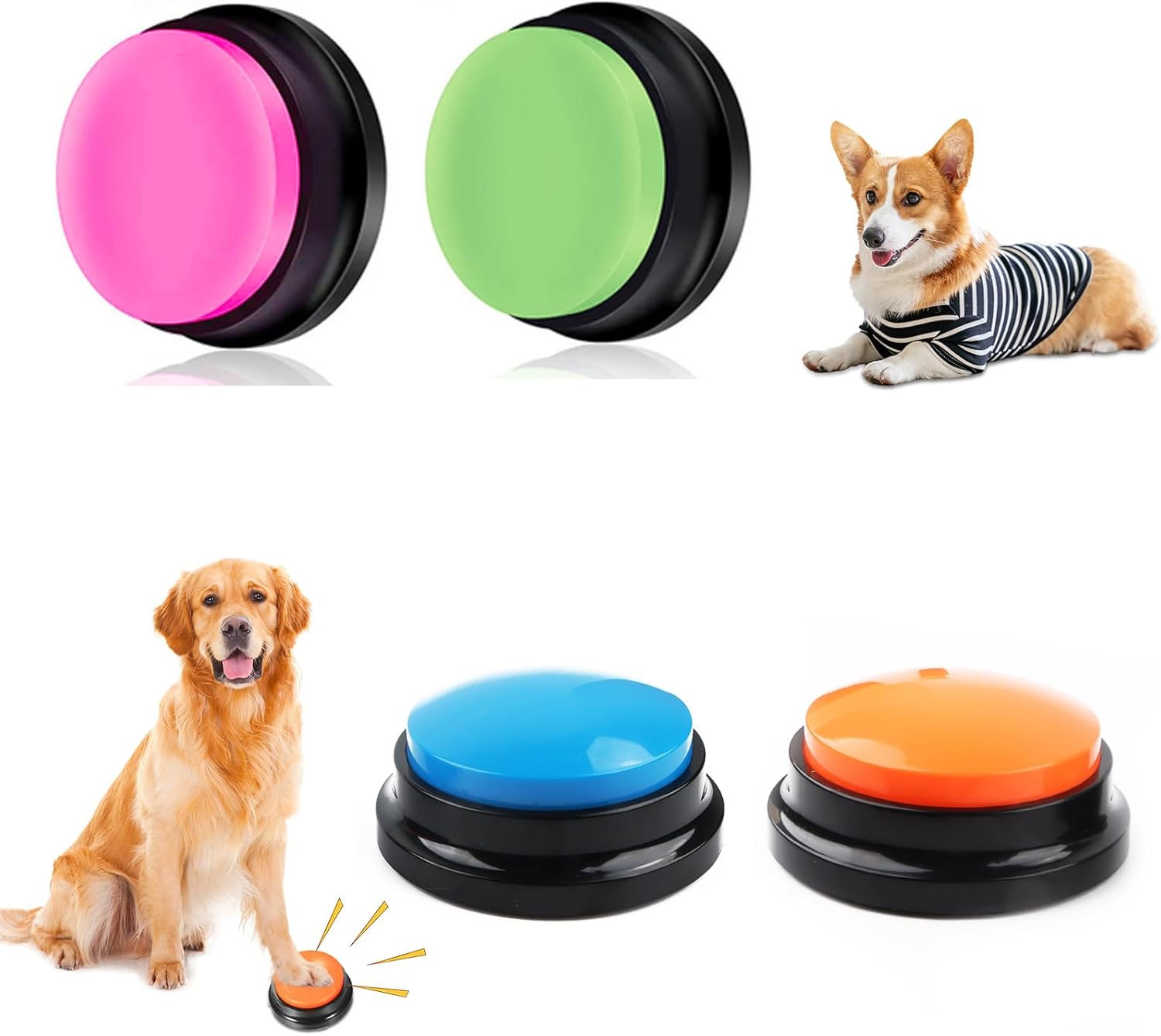 Buzzer with Recording Function, Pack of 4 Coloured Buzzers with Sound, Dog Buttons for Talking Buzzer Dog Recording Buttons for Dog Interaction Dog Buttons Intelligence Toy for Dogs