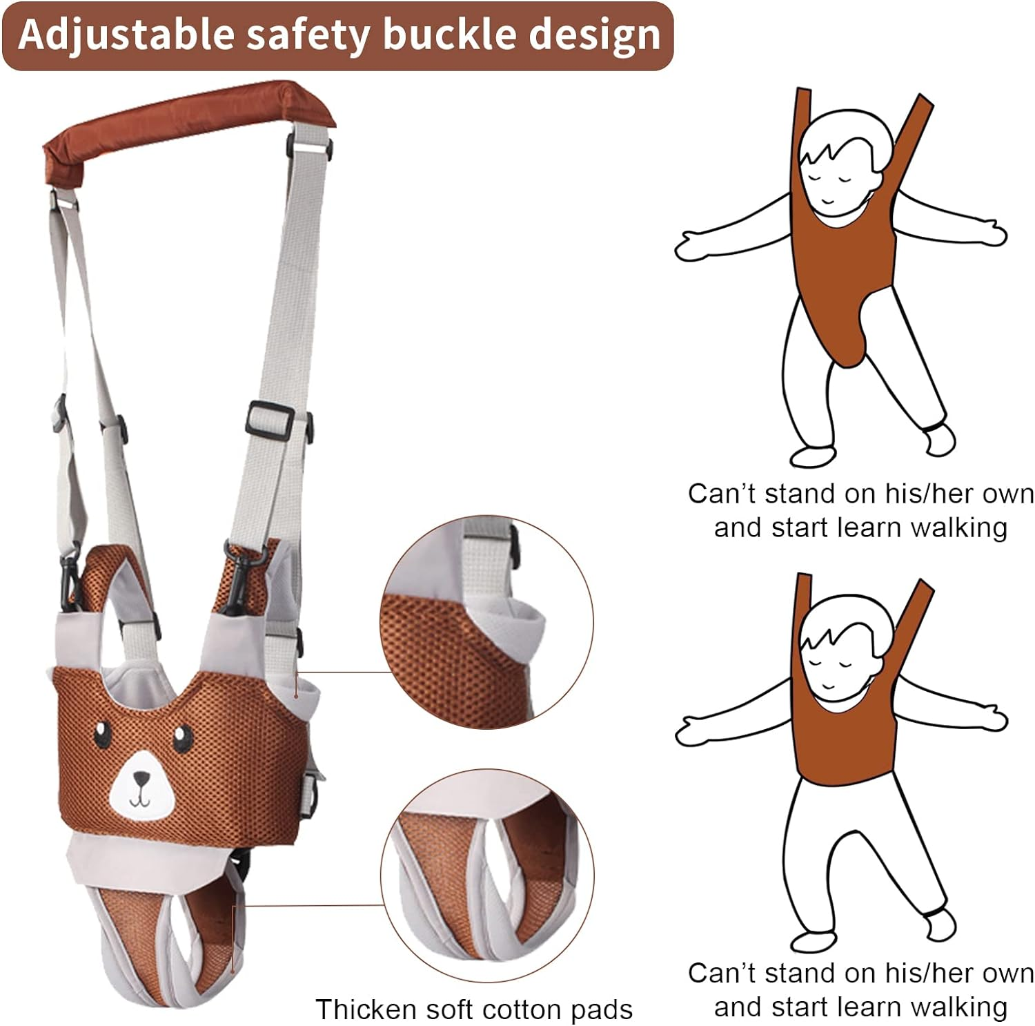 IULONEE Breathable Babies Walking Helper Adjustable Handle Walking Assistant for Toddlers Child Standing and Walking Safety Harness for Children 7-24 Months (Mesh Brown) image number 1