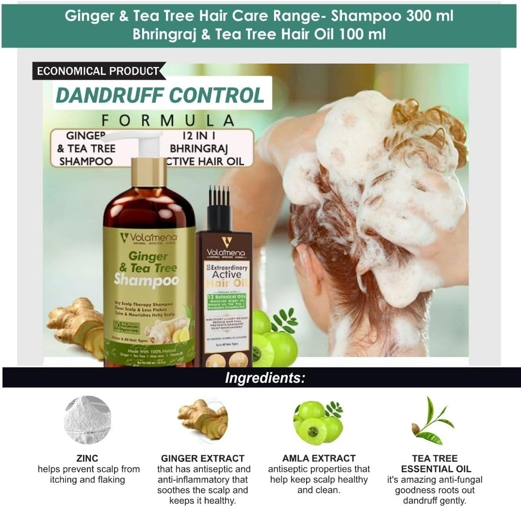 VOLAMENA with DEVICE Ginger & Tea Tree Shampoo with anti Dandruff Active Ingredients 300 Ml 10 Fm Oz image number 3