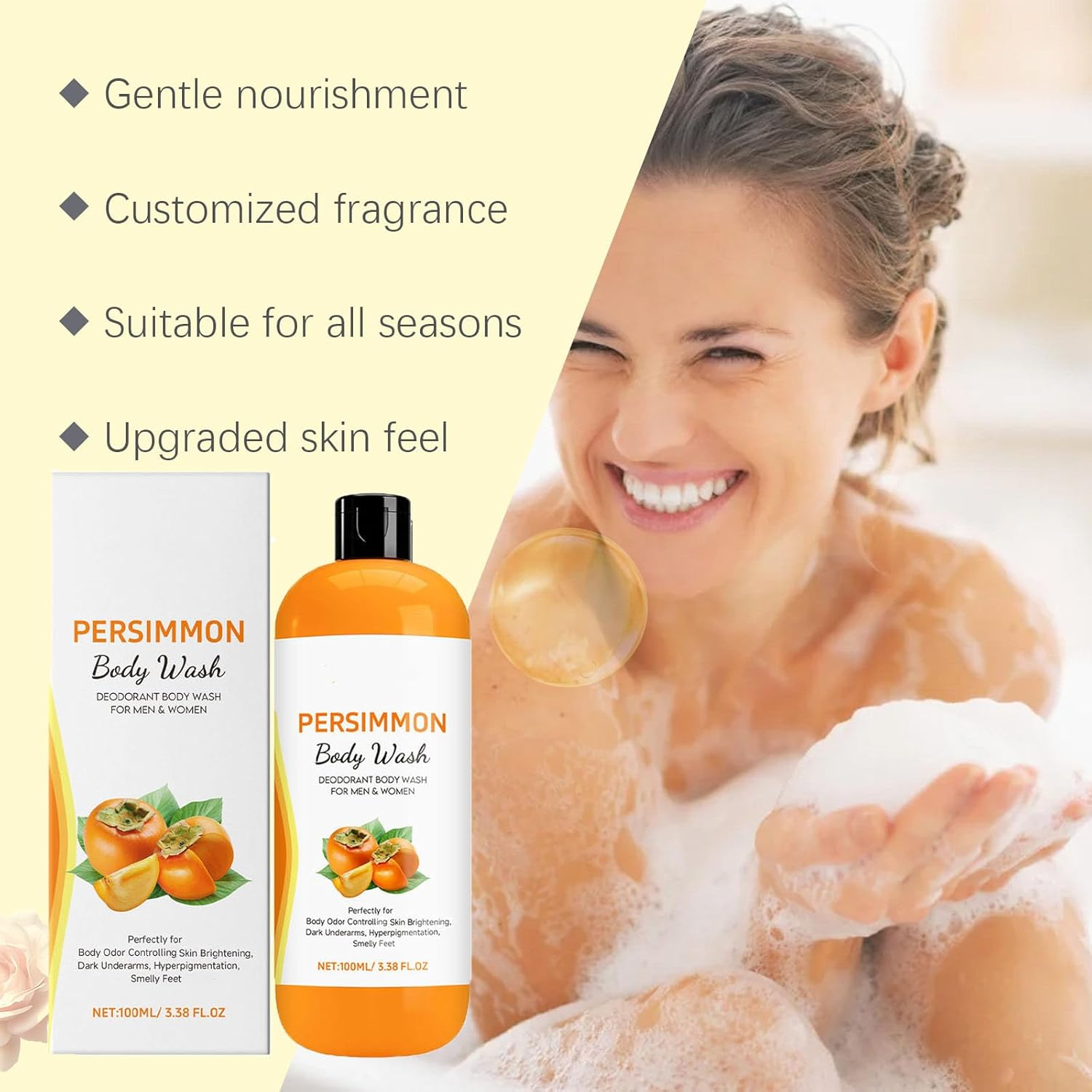 Persimmon Body Wash for Body Odor Controlling, Natural Deodorant Wash, Deeply Cleansing & Moisturizing, Fresher Scent, Gentle Ingredient Persimmon Extraction Oil for Women (3Pcs) image number 4