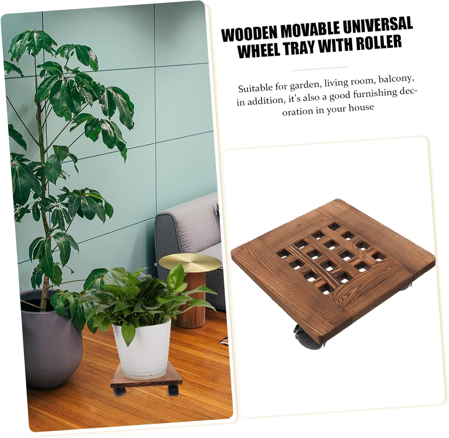 Movable Flowerpot Tray Wooden Plant Pot Tray Wheels for Indoor Plant Pot Stand Hollow Design for Flower image number 3