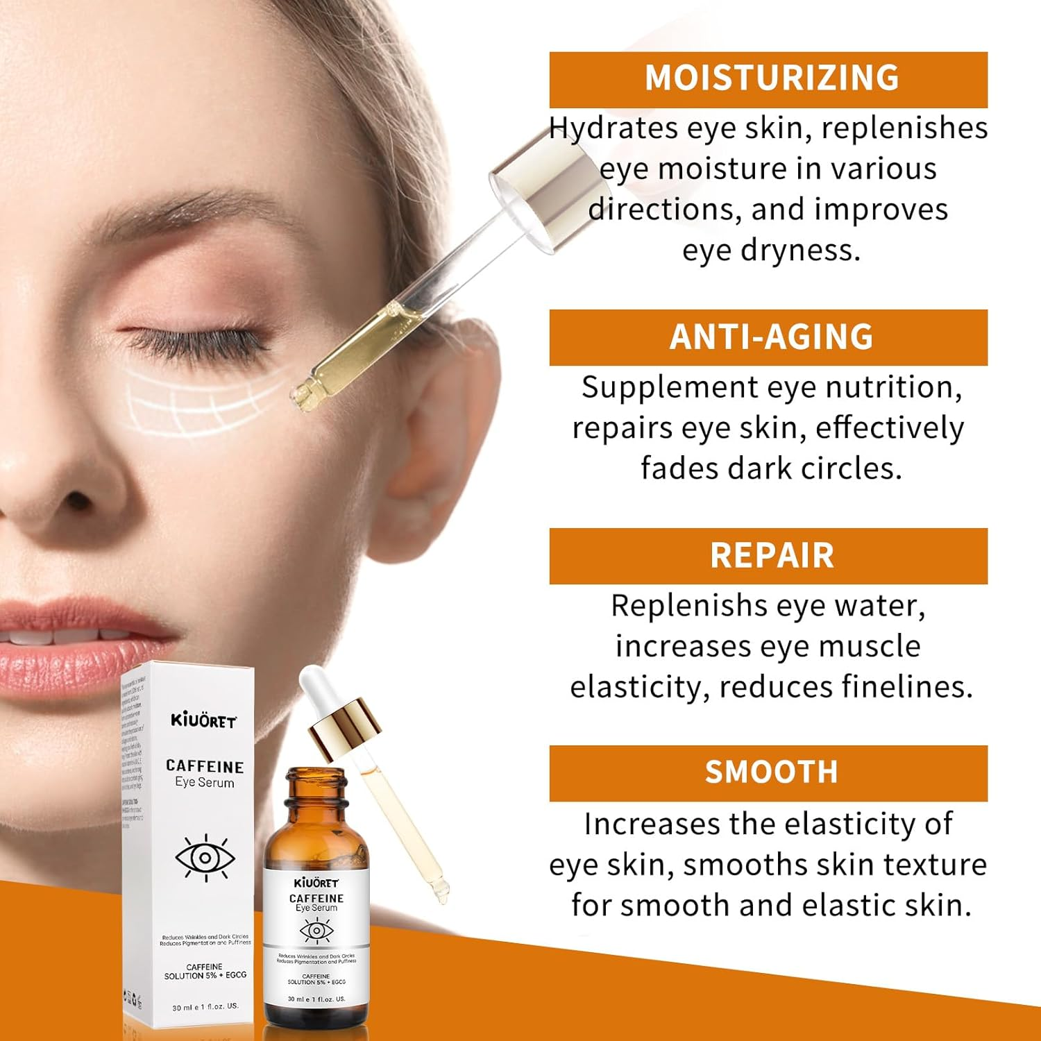 Caffeine Eye Serum with EGCG, 5% Caffeine Solution for Eyes Reduces Pigmentation and Puffiness, under Eye Serum for Dark Circles, Wrinkles and Fine Lines for All Skin Types, 30Ml image number 5