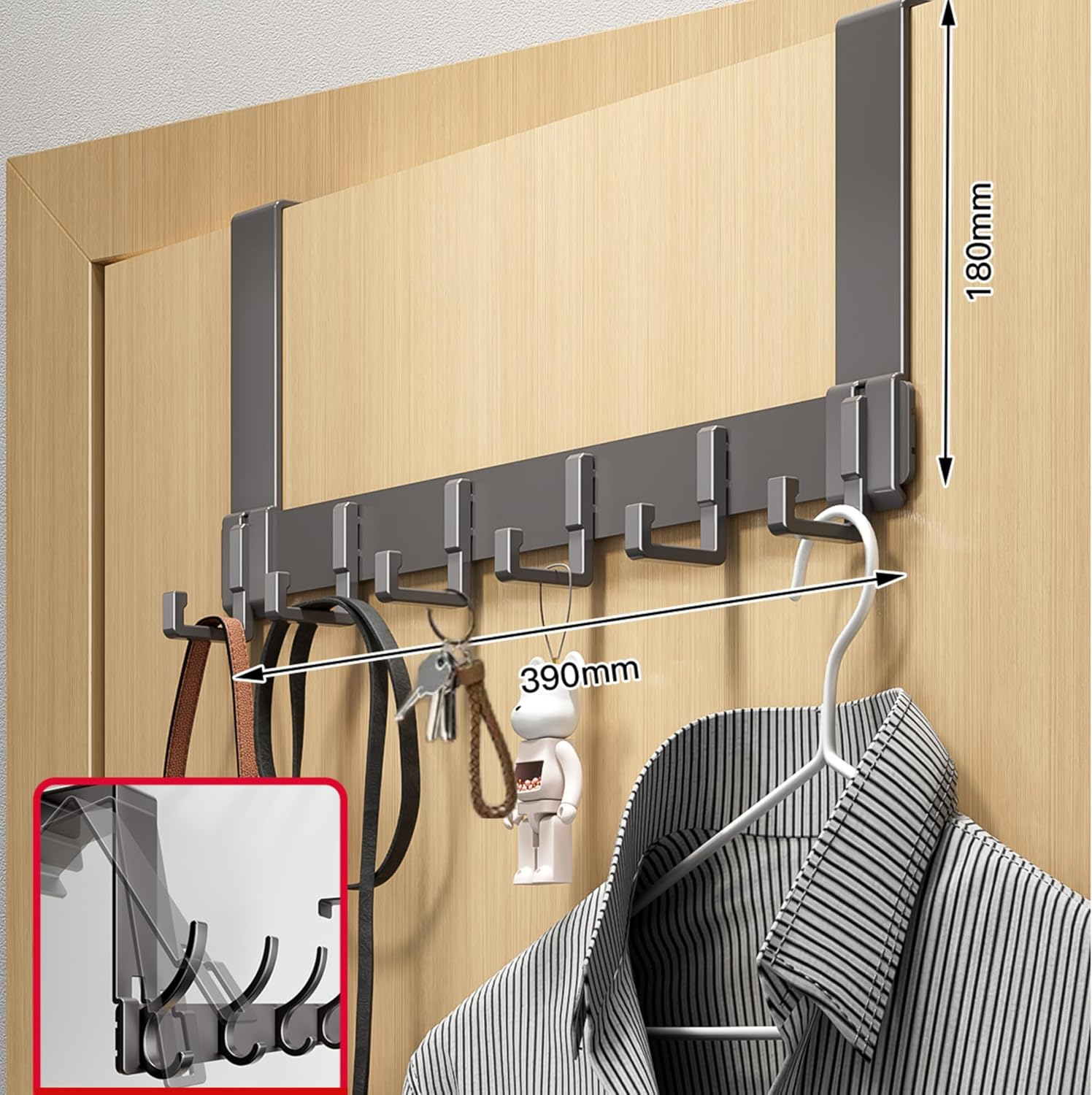 Over the Door Hook Hanger,Door Hanger with 6 Hooks, Door Towel Rack for Hanging Coats, Bags and Hats on the Back of Bedroom and Bathroom Doors - Dark Grey image number 1