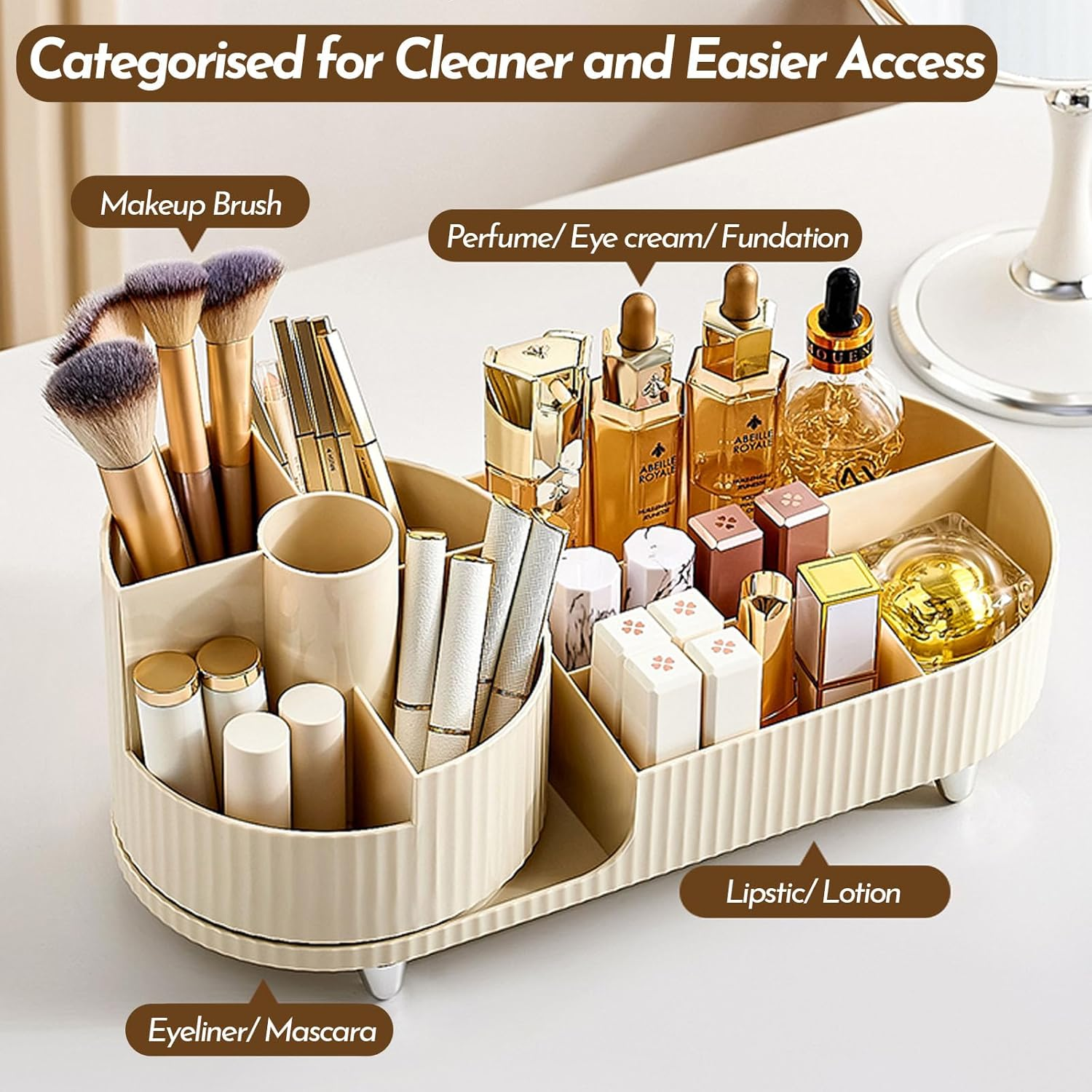 Marakruki Makeup Organiser Cosmetics with 360&deg; Rotating Brush Holder Beauty Organiser, Sleek Cream White Ideal for Bedroom/Dressing Table/Bathroom(Cream) image number 1