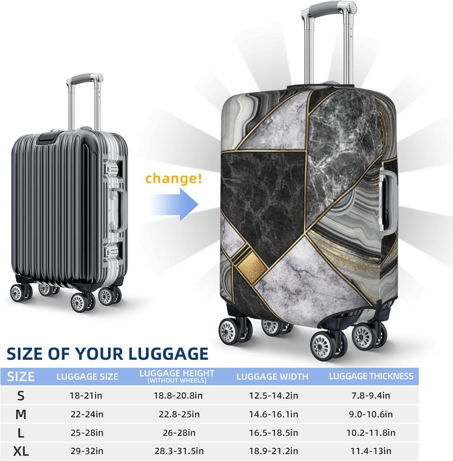 JEJEA Black Marble Texture Gold Print Suitcase Cover Protector Travel Luggage Cover Suitcase Washable Baggage Covers Anti-Scratch, Black, S