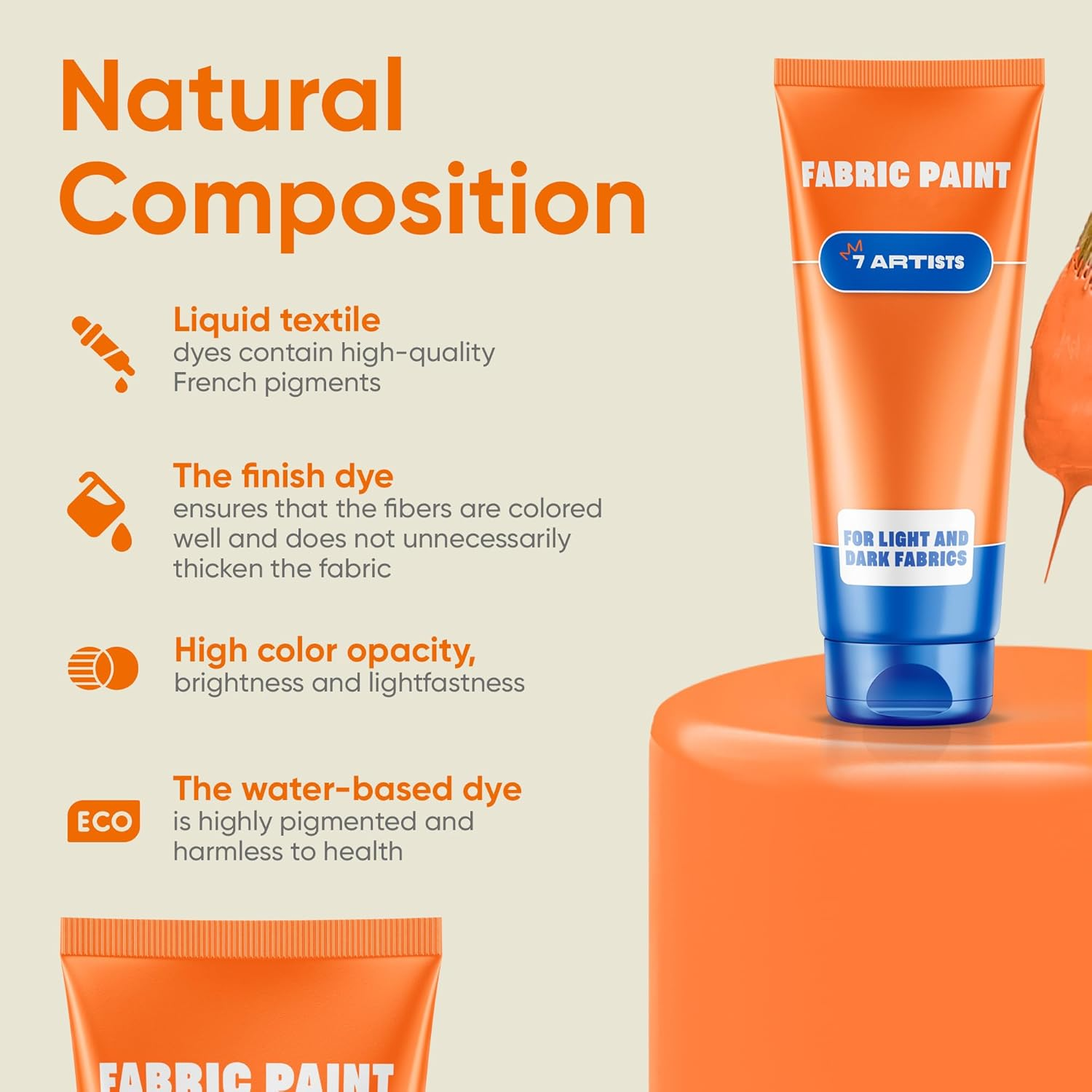 7 Artists Orange Fabric Paint 2 Fl. Oz &ndash; Fabric Paint Orange for Clothes Permanent | Textile Paint for Upholstery, Sneakers, Canvas Tote Bags, T-Shirt Painting | Pintura Para Ropa Y Zapatos image number 2