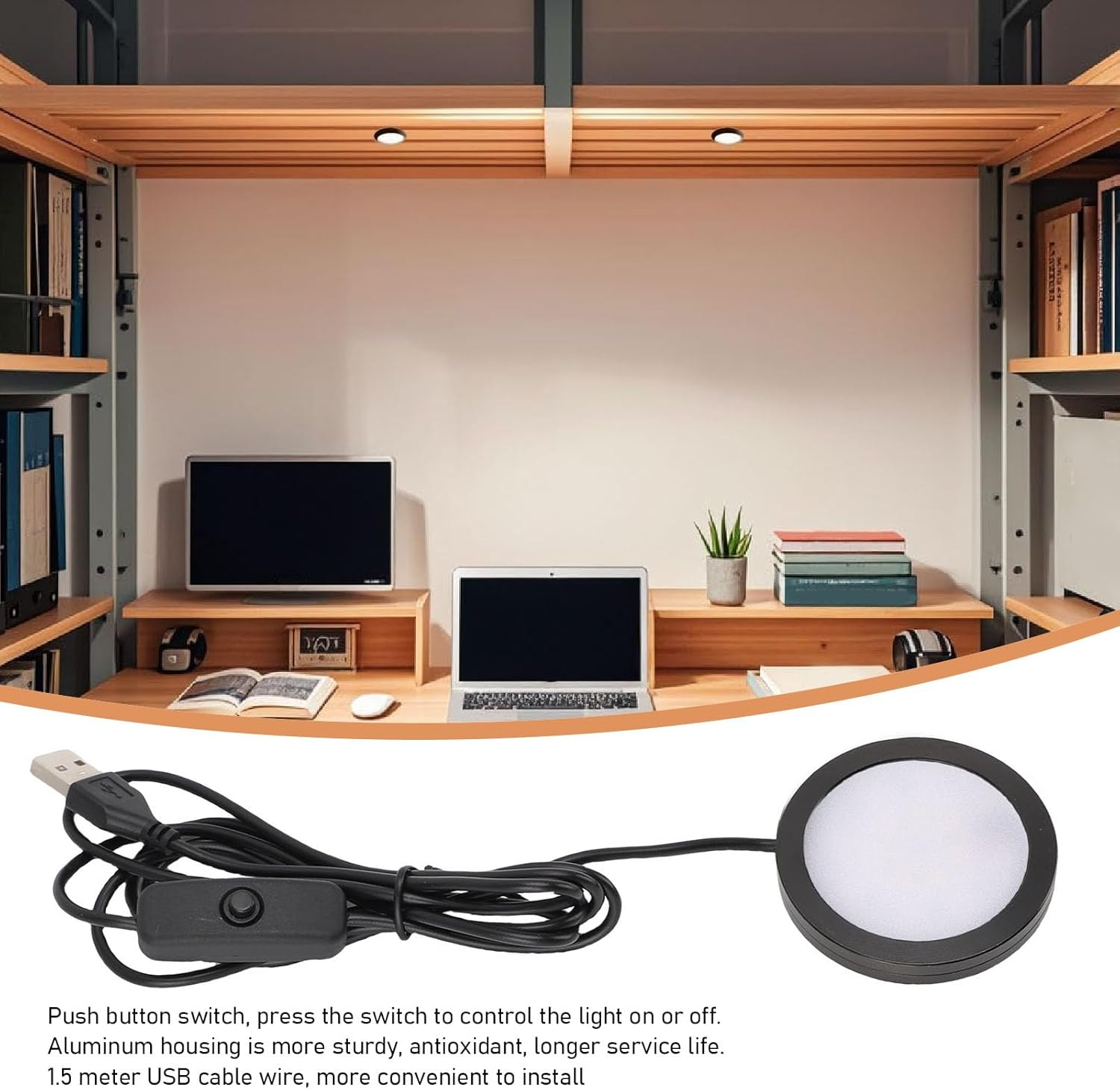 Cocoarm LED round Light, 5V Ultra Thin Aluminum Casing Mini Spotlight 1.5M USB Cable for Ceiling Bedroom Kitchen Display Cabinet Restaurant image number 4