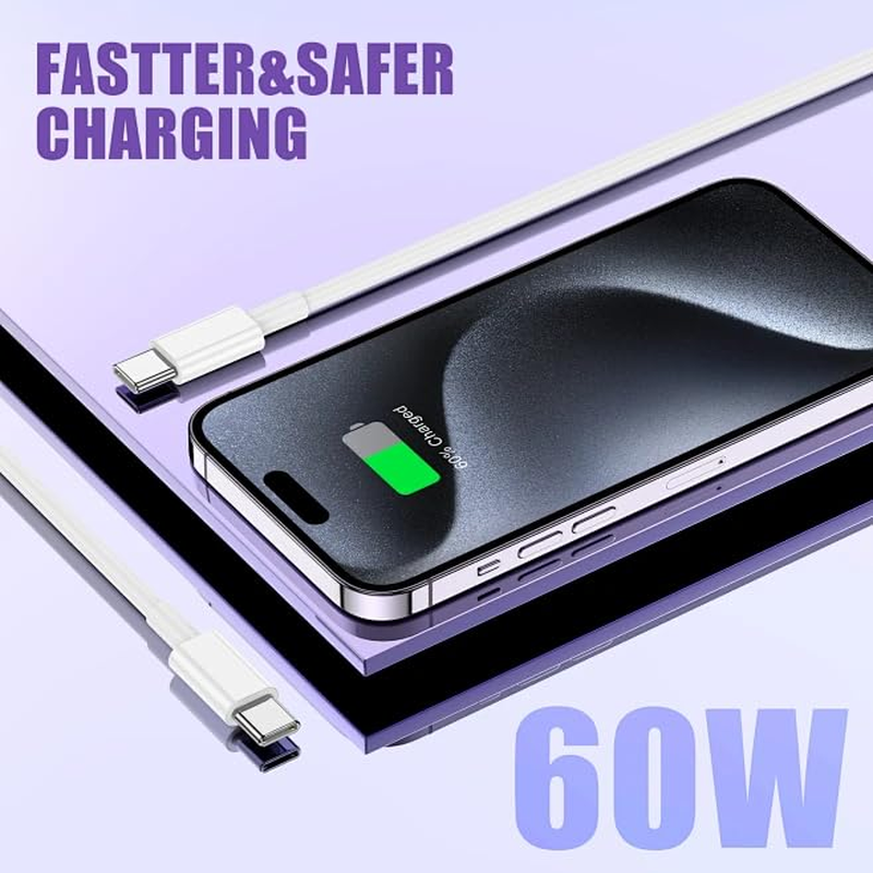 USB C to USB C Charging Cable, 3-Pack [1.2M 60W] Type C to Type C Fast Charger Cord for Iphone 16/15 Pro Max, C to C Cable Fast Charging Power Cord for Macbook Air 13 Inch/Ipad Pro/Air/10Th/4/5 image number 1