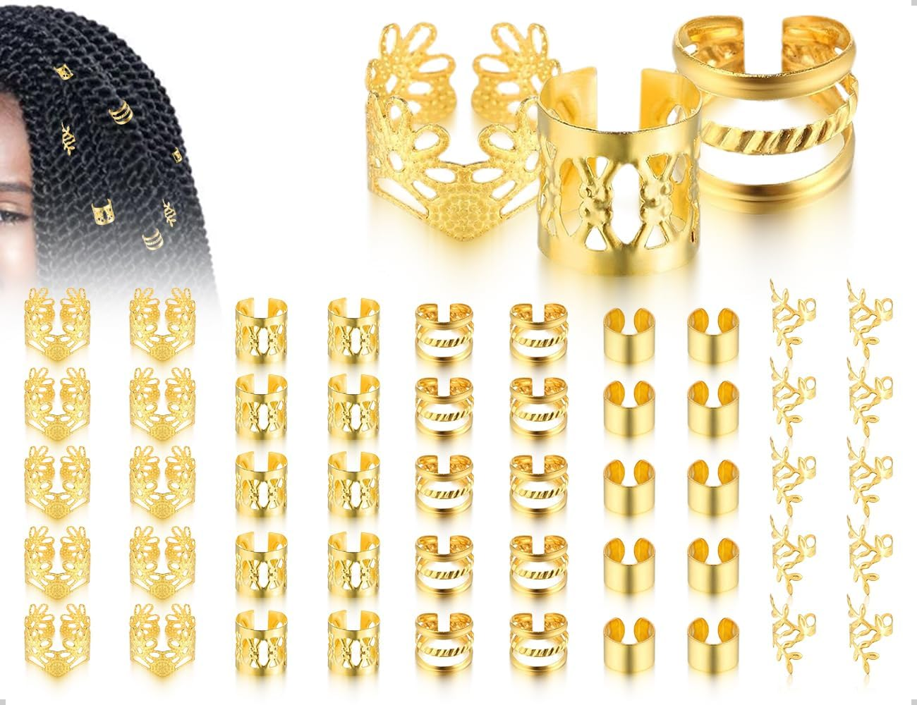Emezddo Pack of 50 Dreadlocks, Adjustable Metal Cuffs, Hair Accessories, Hair Spiral Clips, Braid Accessories, Used for Men, Women, Girls and Boys (Gold) image number 1