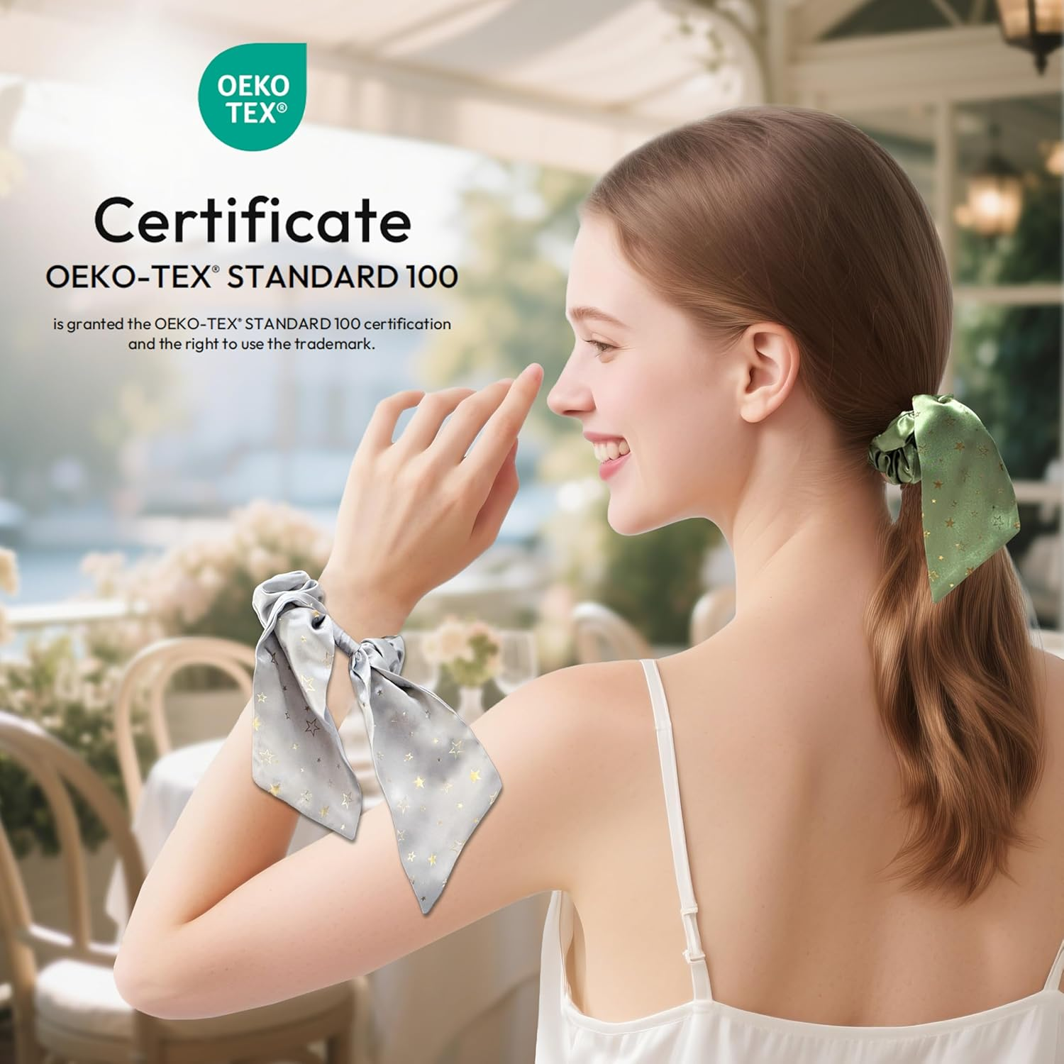 Townssilk Silk Scrunchie Set of 2 with Bow, 100% Mulberry Silk Hair Scrunchie, Voluminous & Gentle, Oeko-Tex Certified - Silver + Meadow Green image number 4
