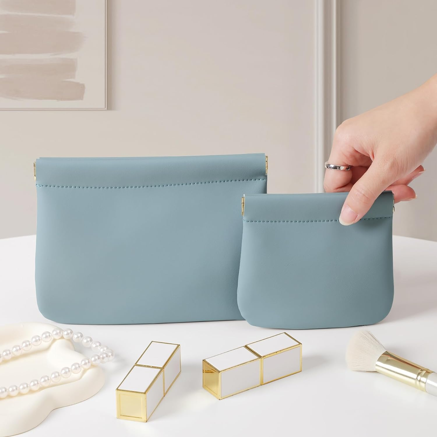 2 Pack Small Makeup Bag for Women, New Organosilicon Super Fiber Leather Mini Cosmetic Bag for Travel, Coin Purse Organizer Storage Pouch, Blue, Stylish image number 1