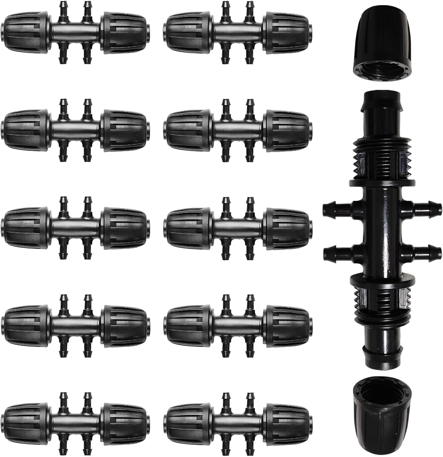 100Pcs Drip Irrigation Connectors Fittings Kit for 1/2 Inch Tubing, Including 30 Tees, 30 Couplings, 20 Elbows, 10 End Closures, 10 End Cap Plugs - Barbed Connectors Compatible Drip Sprinkler Systems
