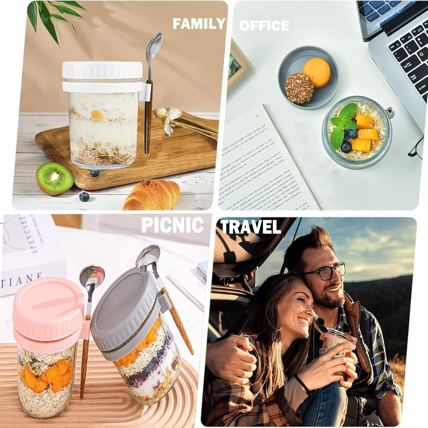 4 Pack Overnight Oats Containers with Lids and Spoons 16 Oz Glass Mason Jars for Overnight Oats Leak Proof Oatmeal Container Great for Cereal Fruit Vegetable Milk Salad Yogurt Meal Prep