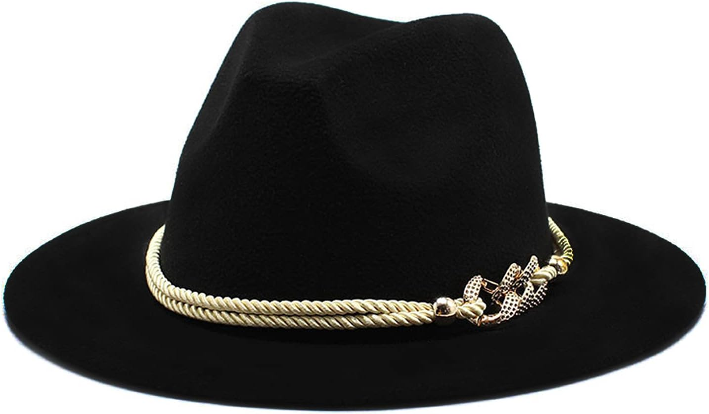 Gossifan Lady Fashion Wide Brim Felt Fedora Panama Hat with Ring Belt
