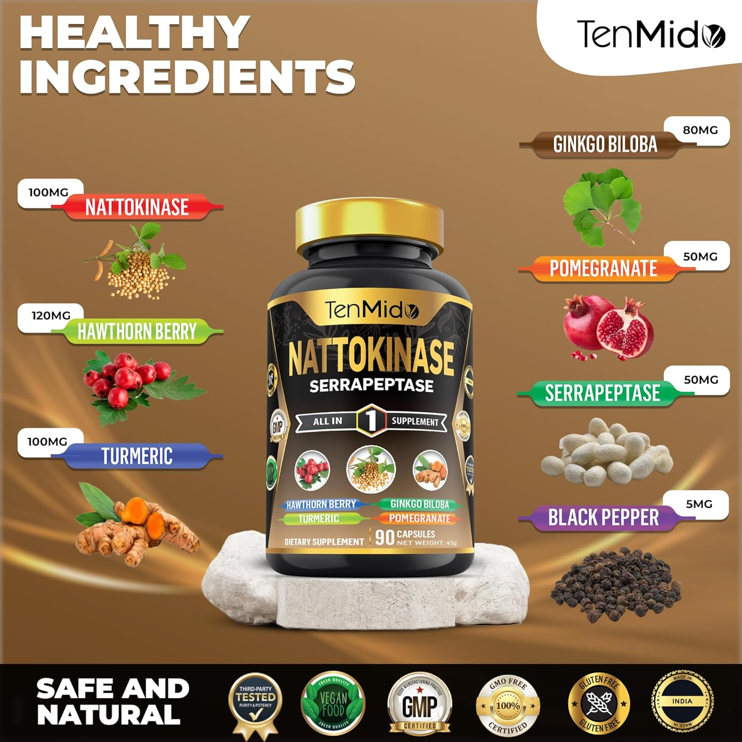 Tenmido Nattokinase Supplements - 7In1 with Hawthorn Berry, Turmeric, Ginkgo Biloba, Pomegranate, Serrapeptase & Black Pepper - 90 Vegan & Non-Gmo Capsules image number 2