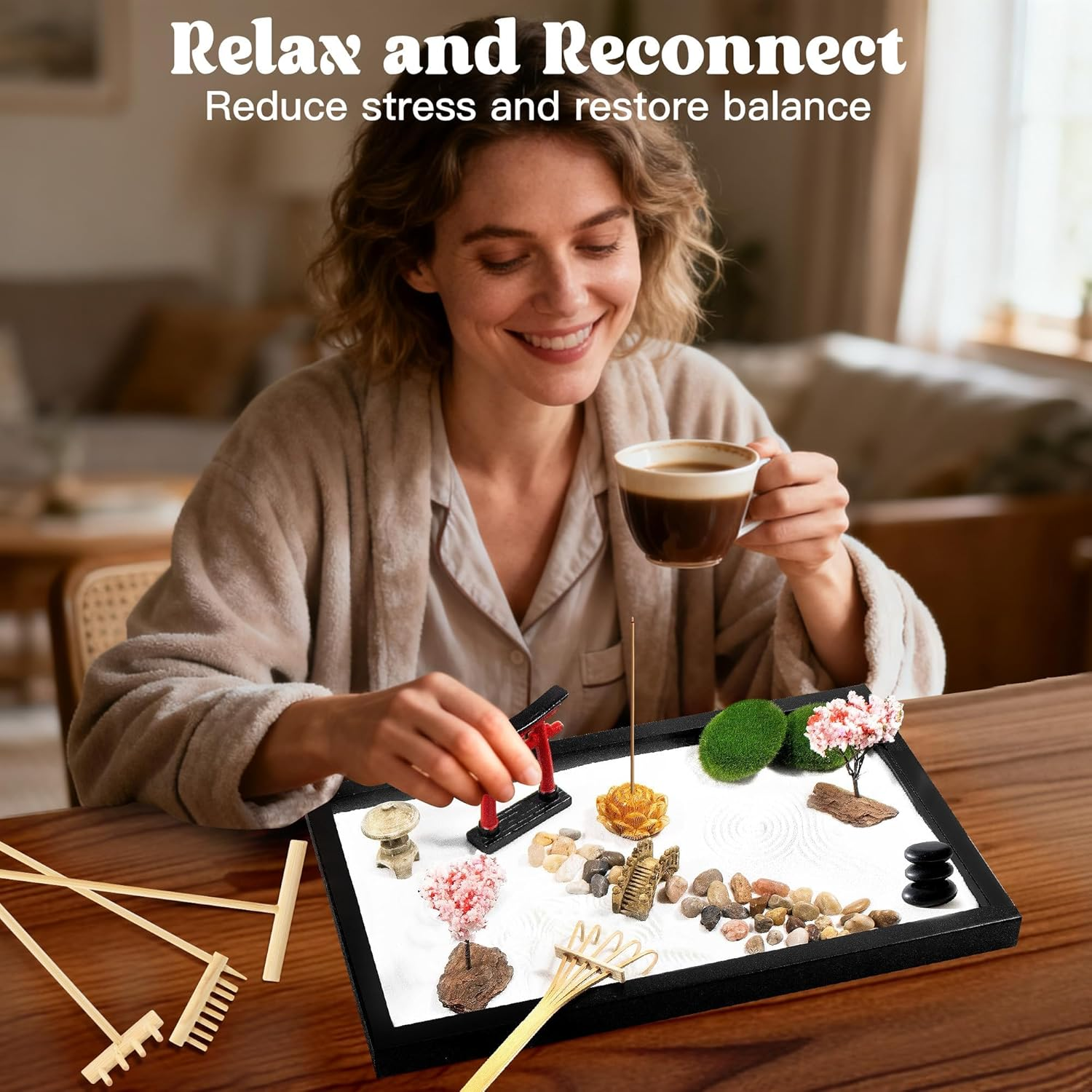 Zen Garden Kit for Desk Decor &ndash; Japanese Mini Zen Sand Garden with 10+ Tools & Accessories, Bamboo Rakes, Torii Gate, Incense Holder & Gift Box &ndash; Stress Relief Desk Ornament for Home & Office image number 1