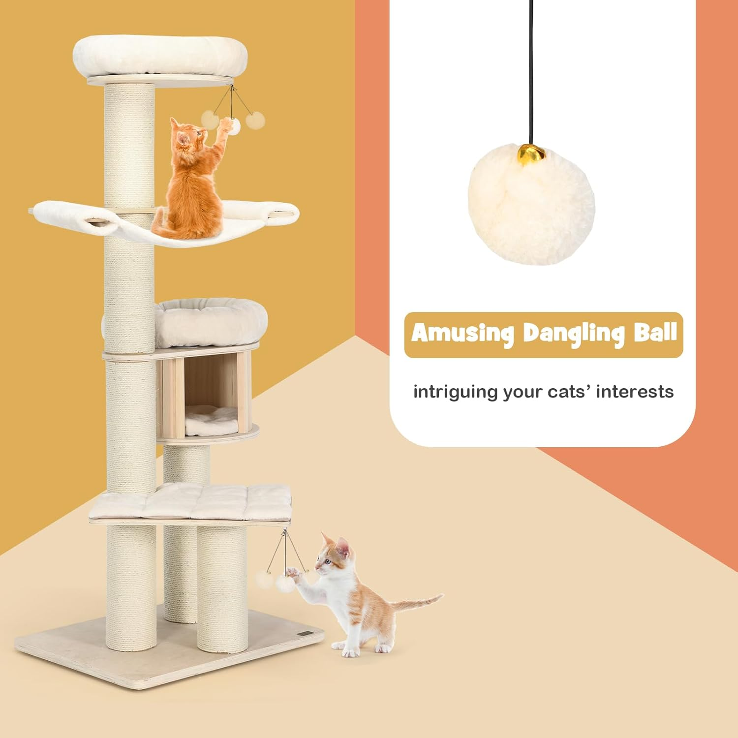 Wood Cat Tree for Indoor Cats, Tall Modern Cat Tower W/Sisal Scratching Posts, Condo, Padded Perch, Hammock, Napping Bed, Dangling Ball, Multi-Level Pet Furniture Kitty Activity Center image number 5