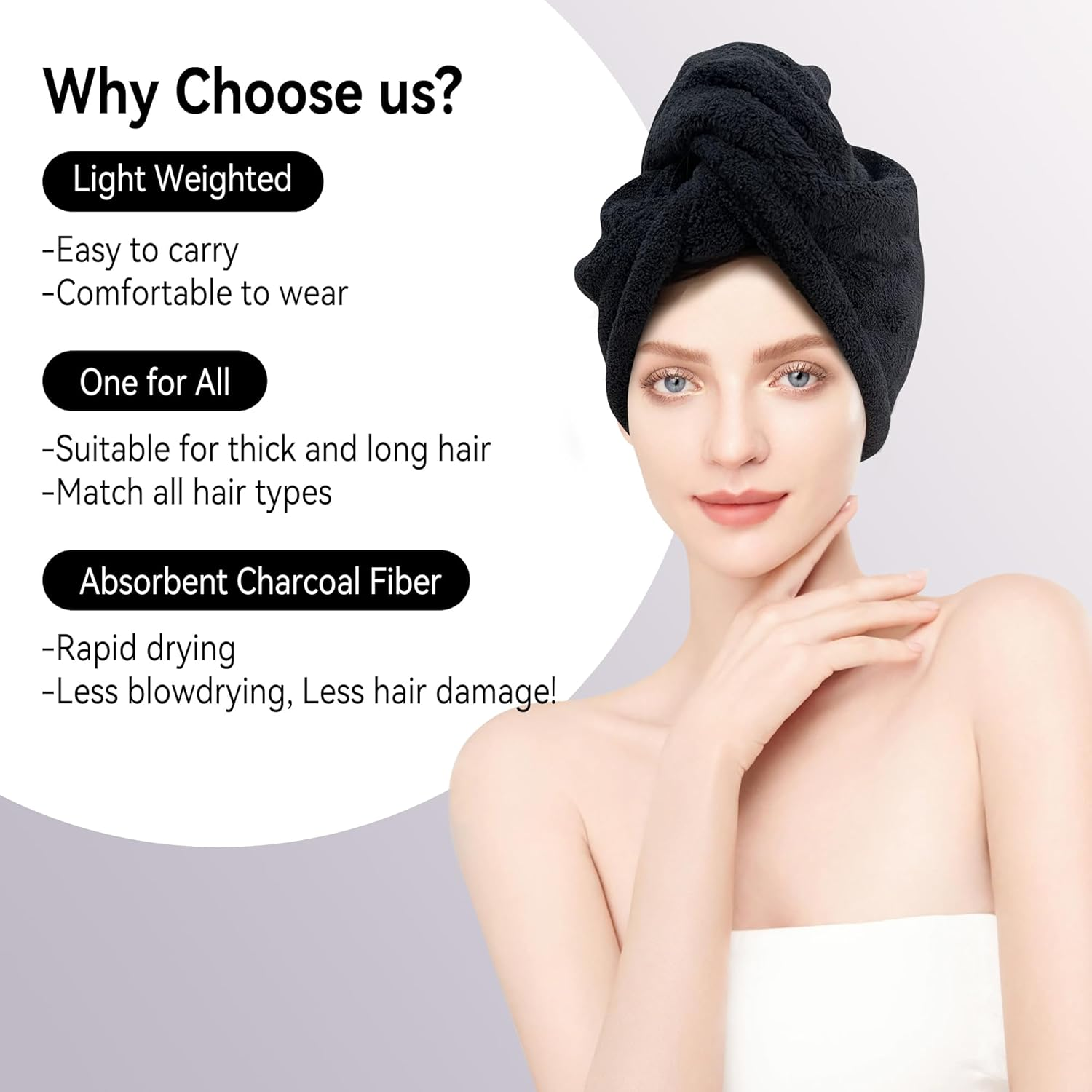 2 Pack Microfiber Hair Towel,Quick Dry Head Wraps Hair Towel Turban Wrap for Women Kids,25.6X9.8 Inch Super Absorbent Fast Hair Drying Towel with Button for Wet Curly Hair(Black) image number 4