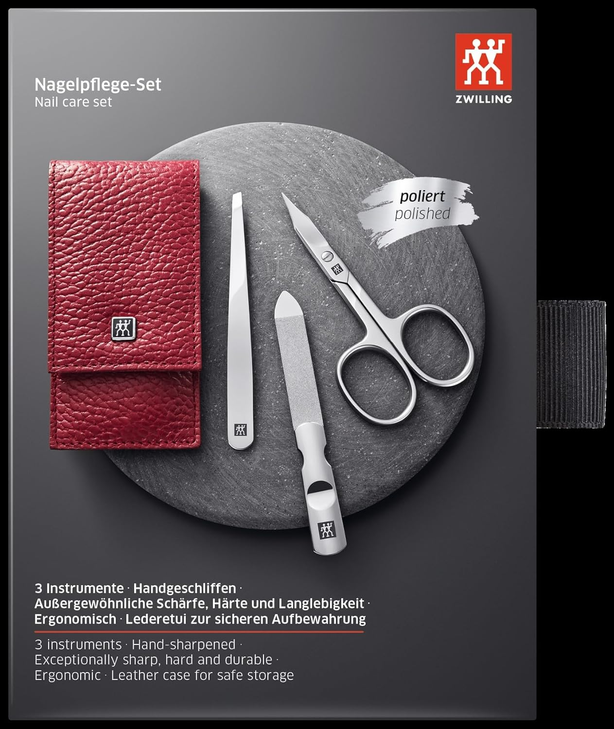 ZWILLING 3 Piece Manicure Set - Pedicure Set for Nail Care and Cuticle Care - Leather with Nail Scissors, Polished Stainless Steel - Red image number 4