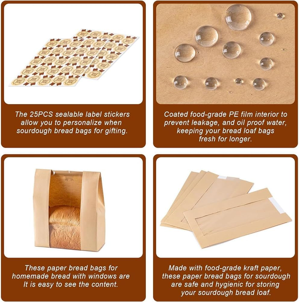 50 Pack Large Paper Bread Bags with Window for Homemade Sourdough Loaves - Bread Bags for Homemade Bread Storage and Gift Giving with Label Seal Stickers image number 6