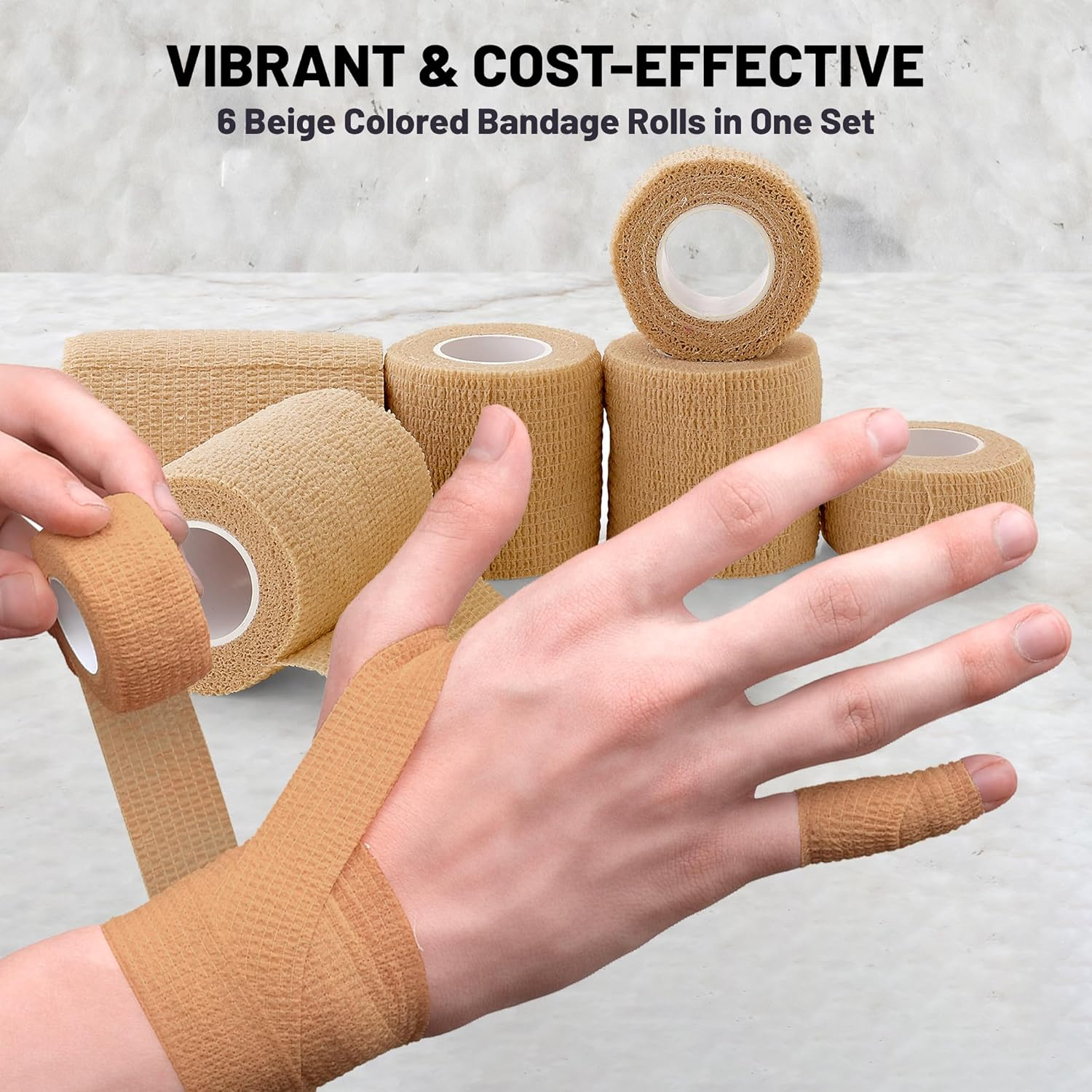 6 Pack, Self Adherent Cohesive Tape - 1" 2" 3" X 5 Yards Combo Pack, (Light Tan Shade) Self Adhesive Bandage Rolls & Sports Athletic Wrap for Ankle, Wrist, Sprains and Swelling - FDA Approved image number 1
