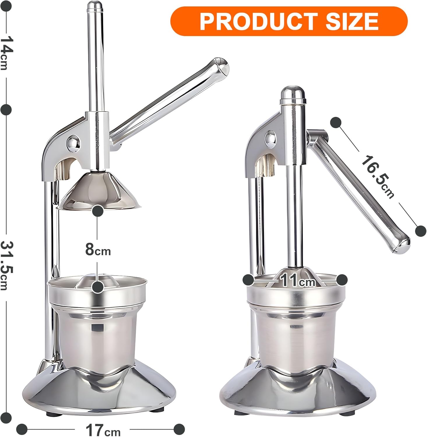 Aumerage Commercial Manual Juicer Hand Press Juice Presser, Easy to Clean, Fruit Squeezer, Citrus Juicer, Orange Juice Squeezer, Professional Citrus Juicer (Silver) image number 4