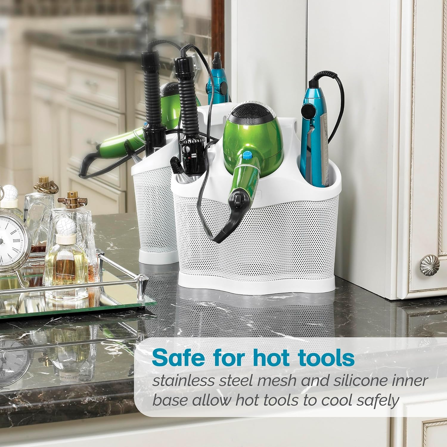 Polder Style Station, Organization for Styling Tools: Hair Dryers,Curling Irons, Straighteners, Brushes, Hang over Towel Rack, Store Undersink or in Drawer, White and Silver image number 3