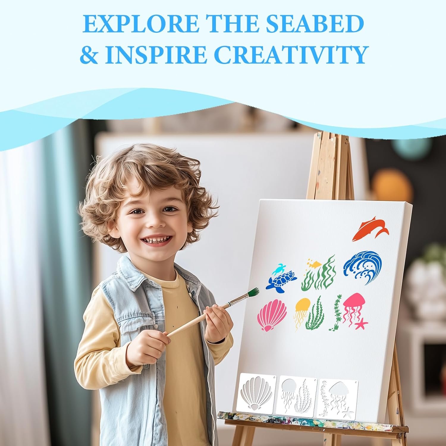 Dayker 36PCS Ocean Creatures Stencils, Reusable Plastic Sea Animal Pattern Drawing Templates, Marine Life DIY Craft with 1PC Metal Ring, for Painting on Furniture, Fabric, Wall, Home Decor image number 3