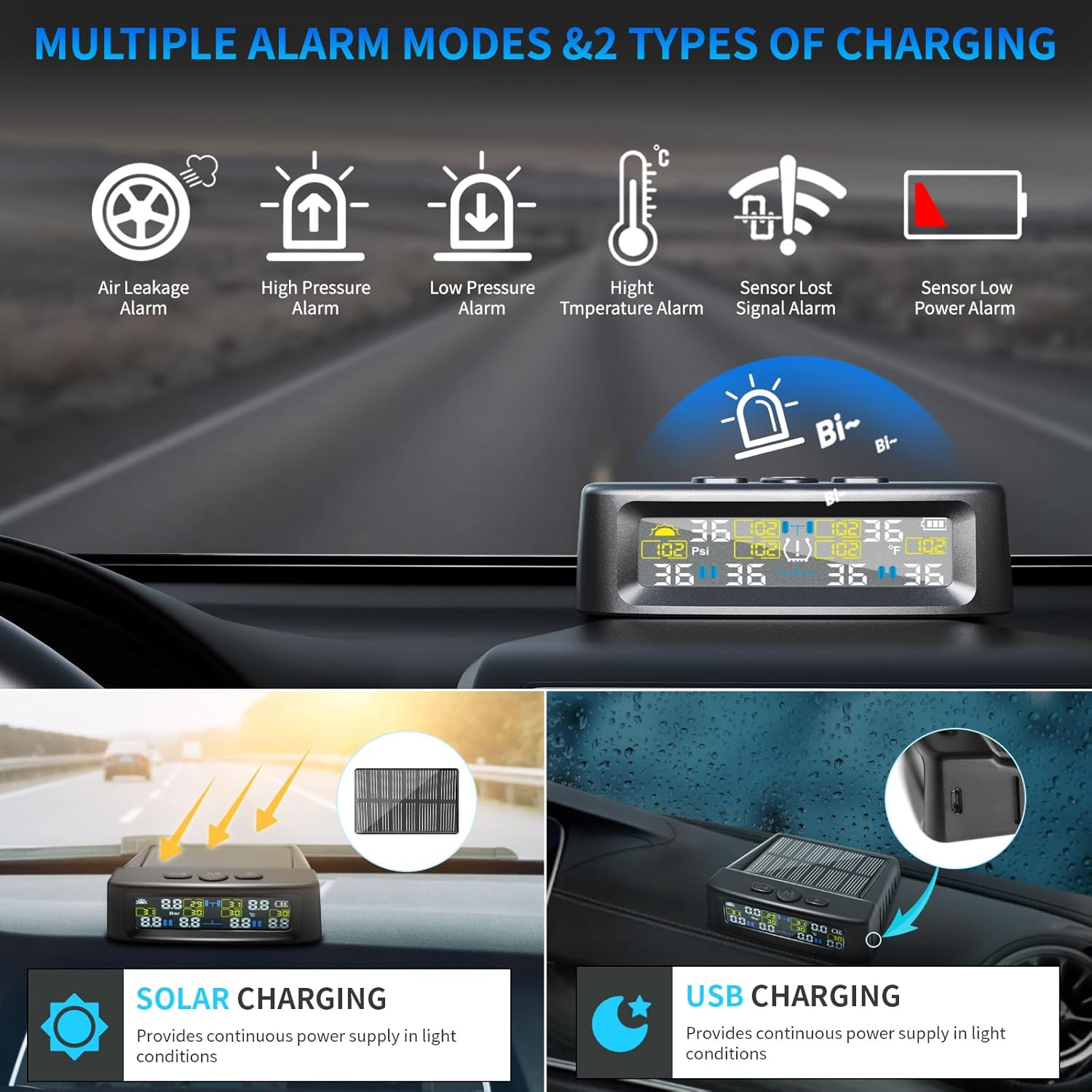 Tire Pressure Monitoring System with 6 External Sensors, TPMS with Solar Charge & 6 Alarm Modes, LCD Real-Time Display, Auto Sleep Mode, Tire Pressure Sensors for RV Trailer Truck Pickup (0-144 PSI) image number 2