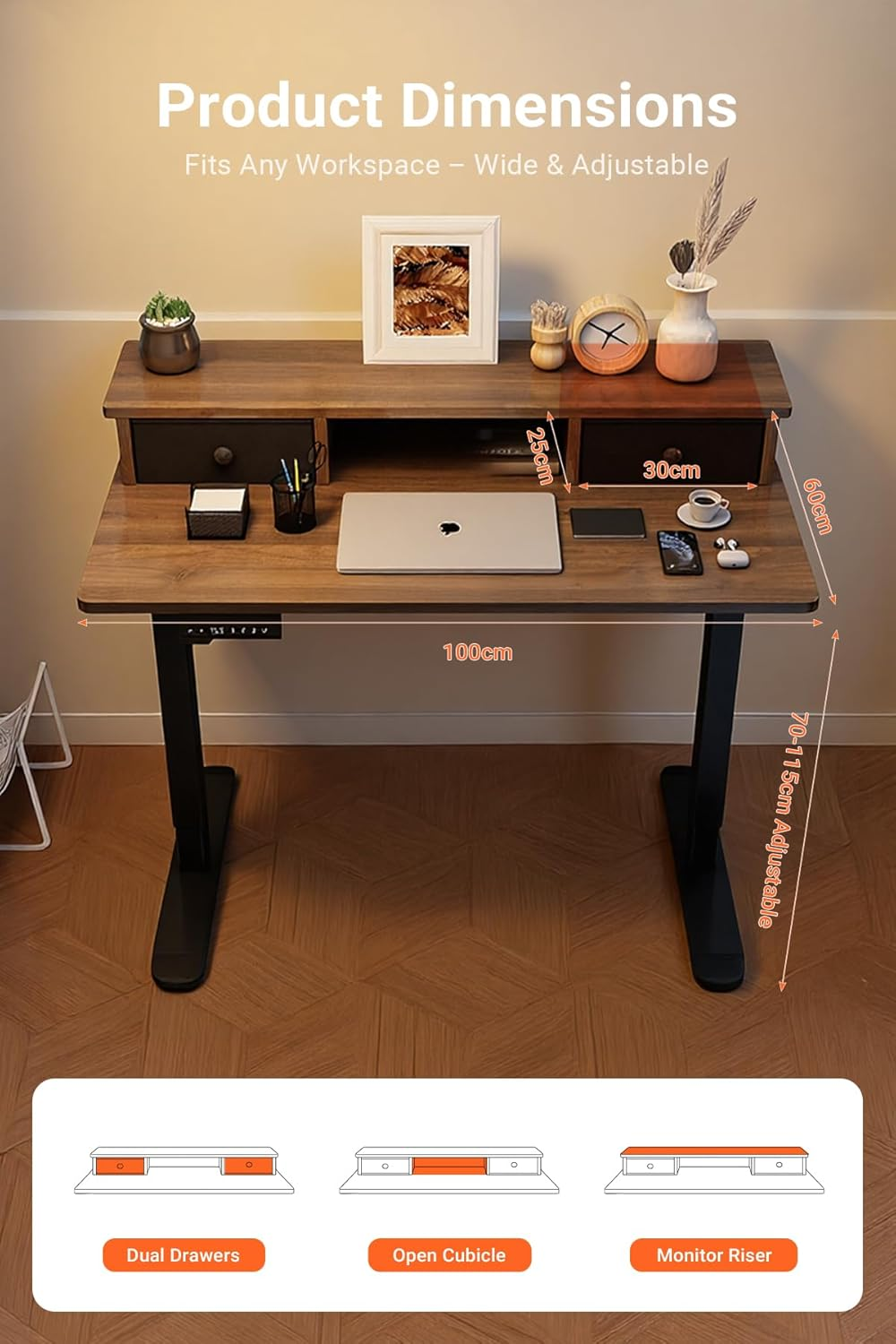 Ixtra Electric Standing Desk 100X60Cm with 2 Drawers Height Adjustable Whole Piece Desktop Storage Shelf Hook Cup Holder Cable Management Walnut