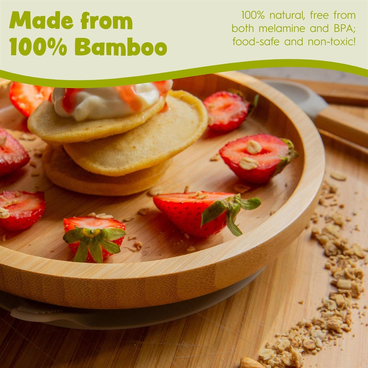 Tiny Dining Children'S Bamboo Suction round Plate - Natural Fibre Baby Toddler Stay Put Segmented Feeding Dish - Green